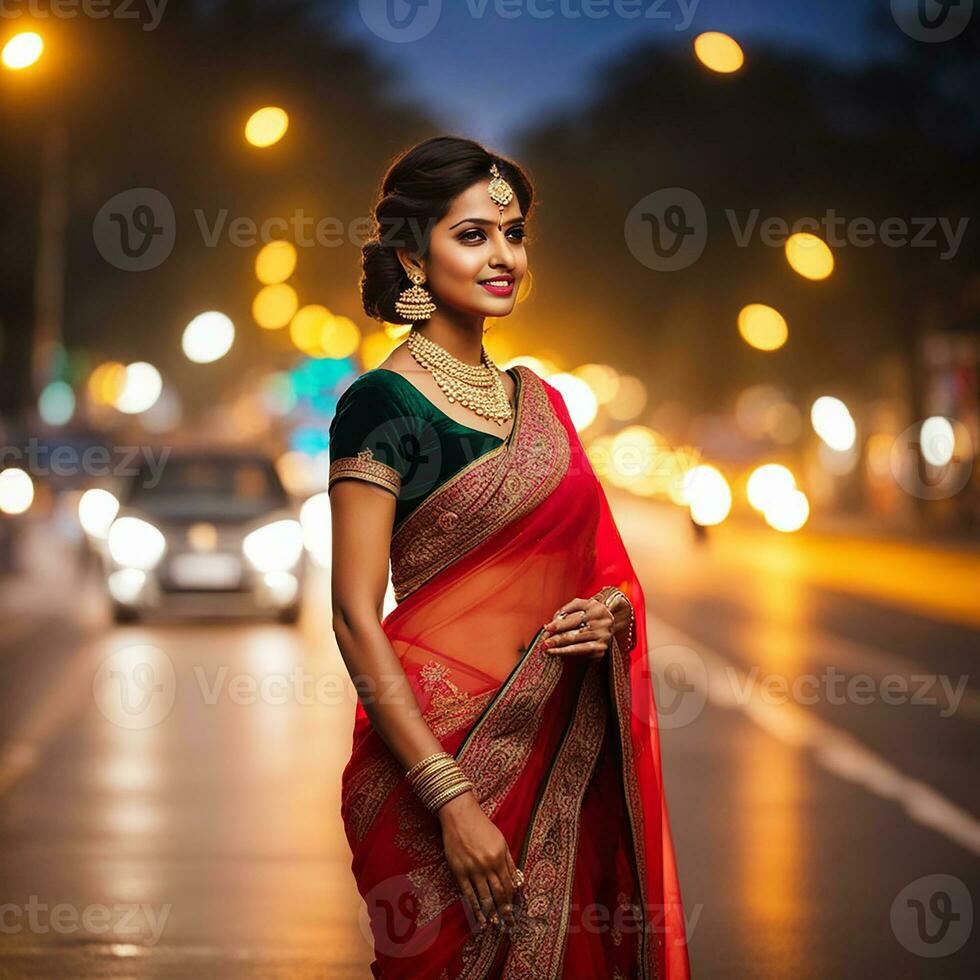 Beautiful Indian Bride in red lehenga looking at the camera, Traditional Indian Wedding, Generative AI photo