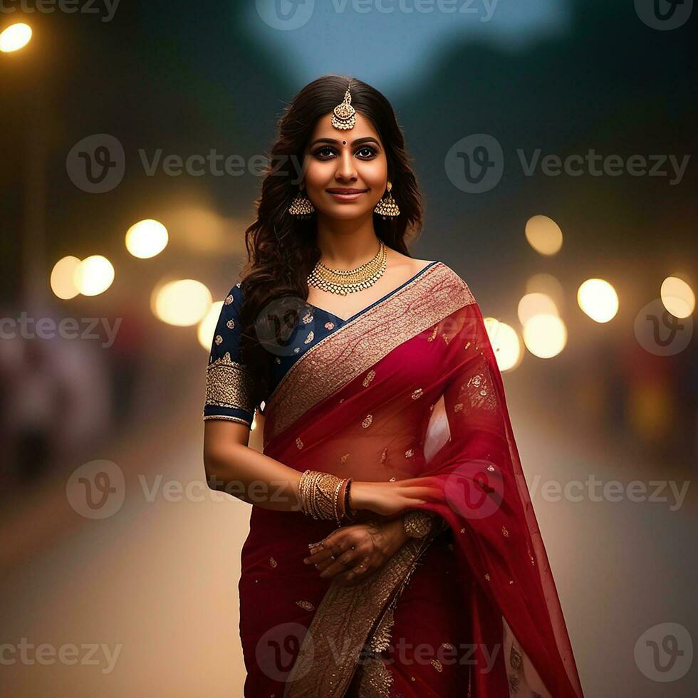 hermosa indio novia en rojo lehenga mirando a el cámara, tradicional indio boda, generativo ai foto