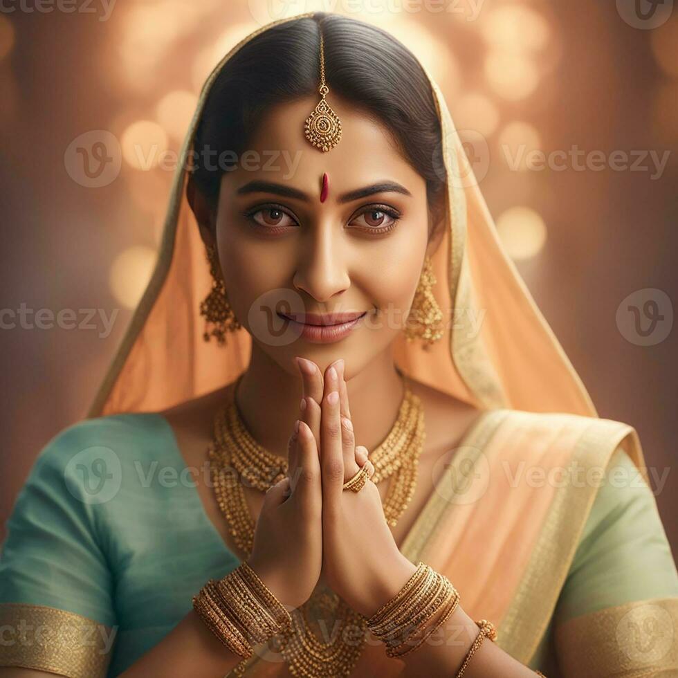 Beautiful Indian Bride in red lehenga looking at the camera, Traditional Indian Wedding, Generative AI photo