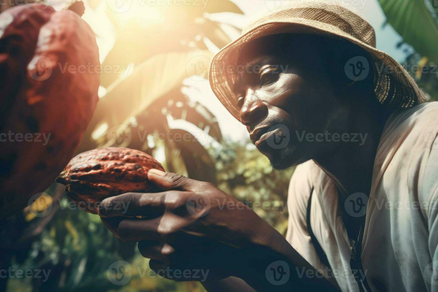 Black farmer picking cocoa crop. Generate ai photo