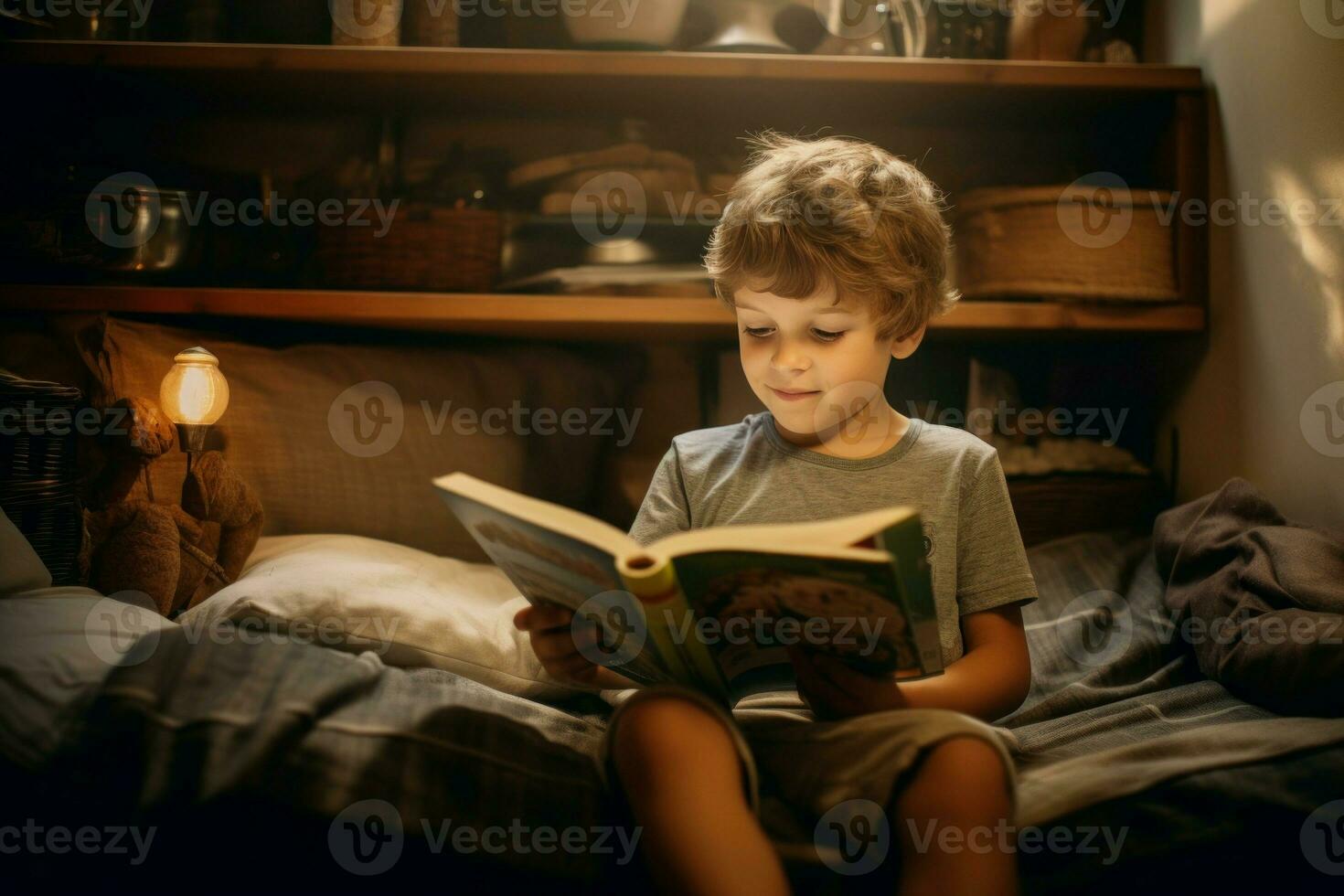 Cute little boy reading book at home bedroom. Generate ai photo