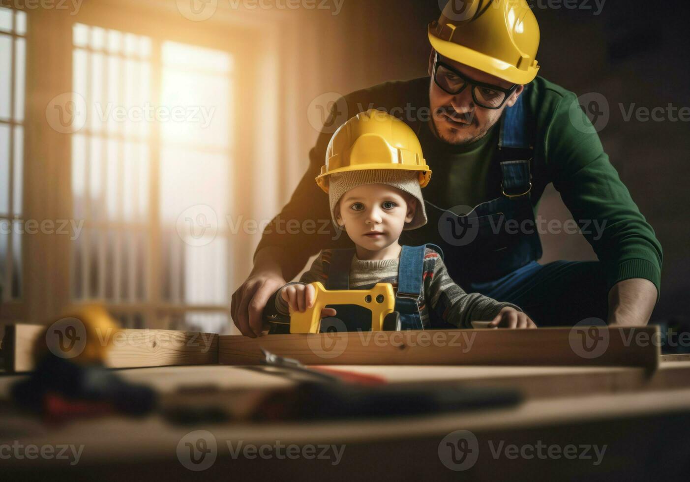 Father with his son working with wood. Generate ai photo