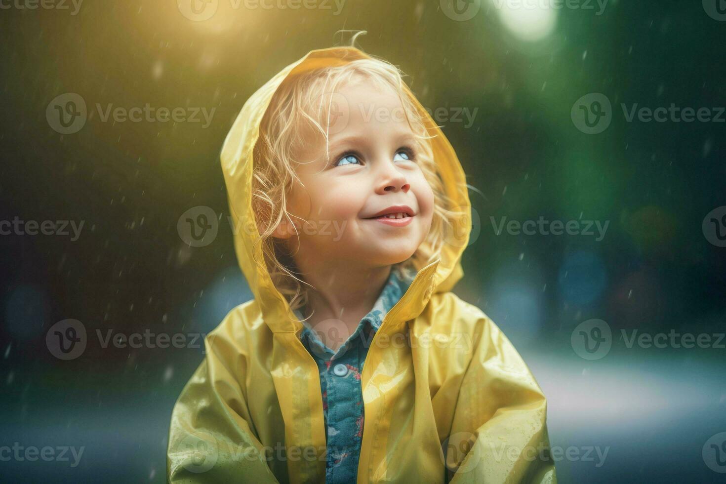 Lovely blond child in yellow raincoat. Generate ai photo