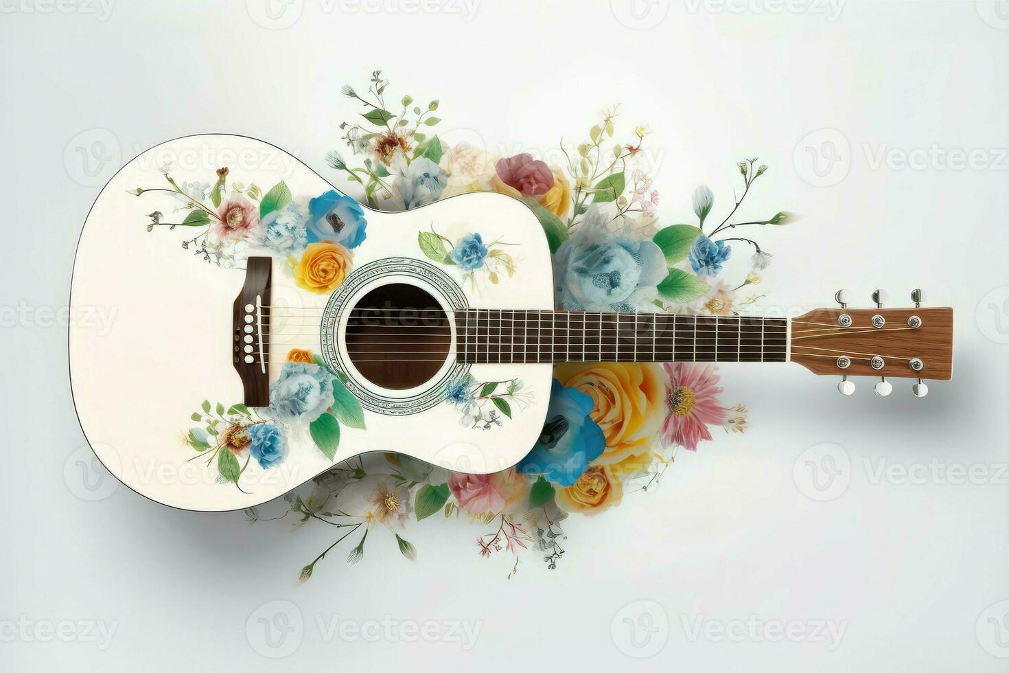 Acoustic guitar flowers petal. Generate Ai photo