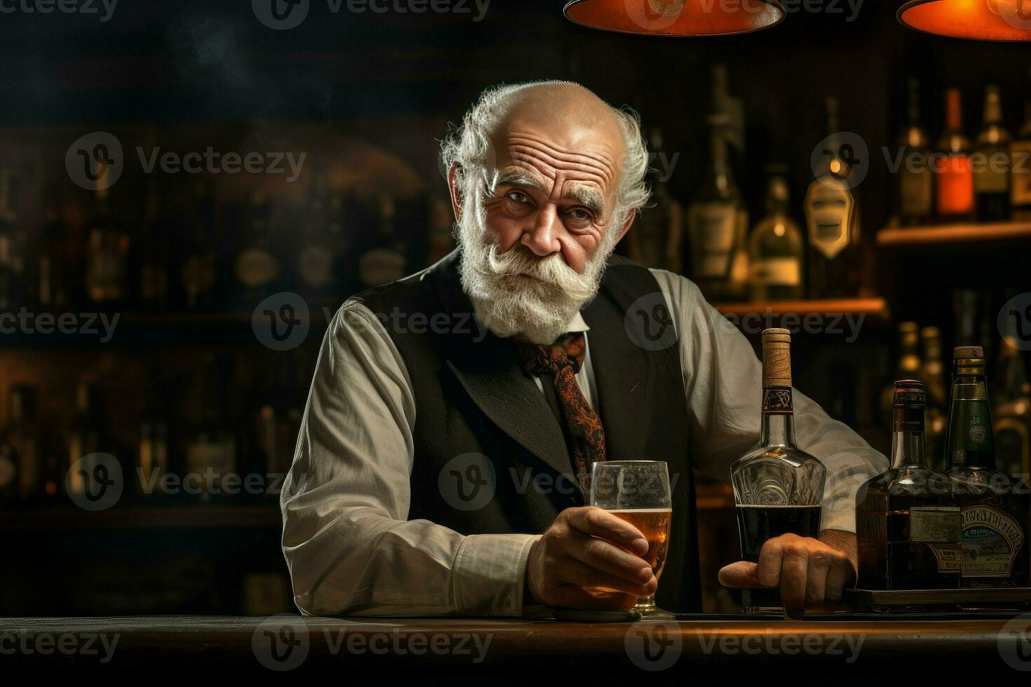 Bartender old man bar. Generate Ai photo