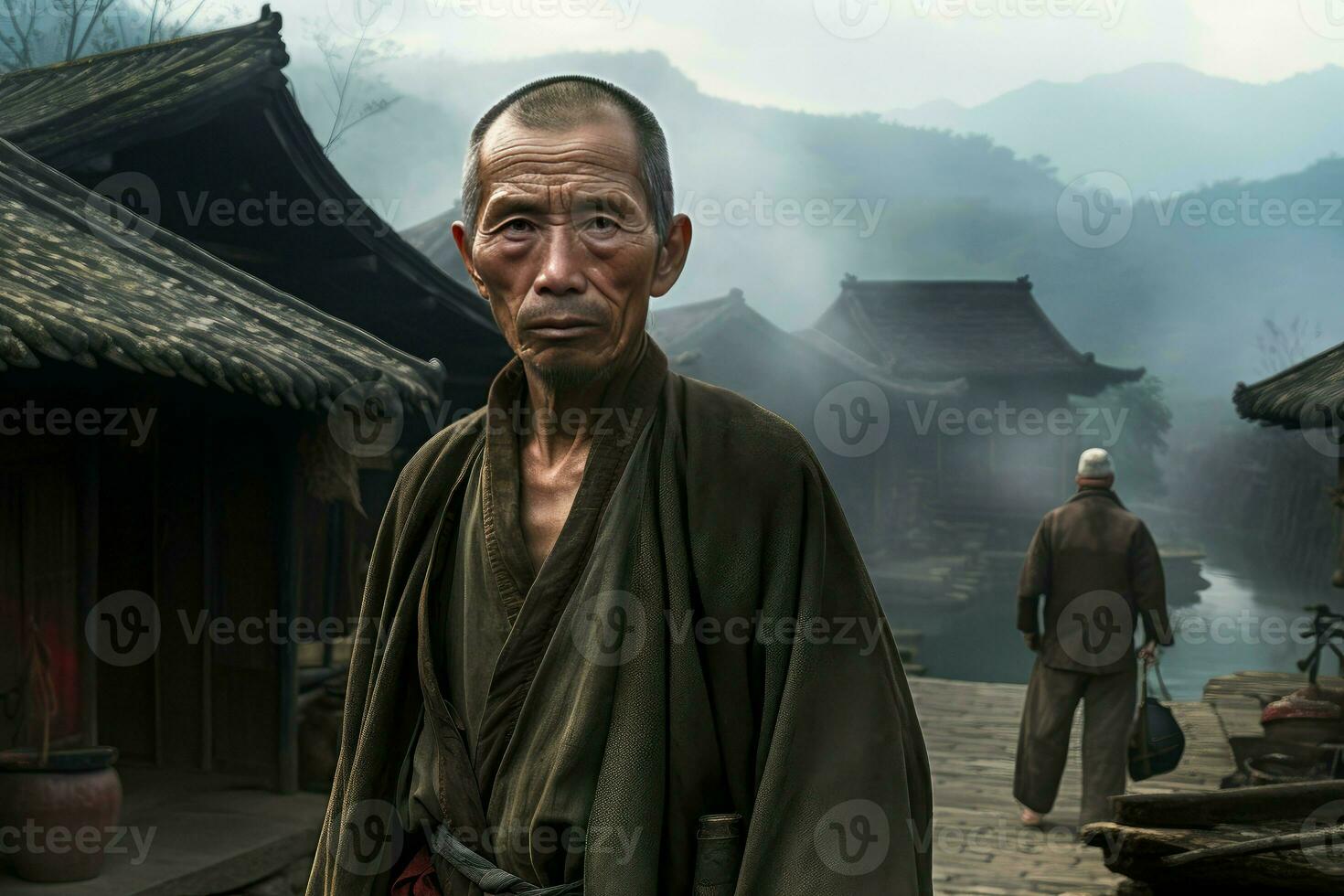 Drenched Chinese village person street. Generate Ai photo