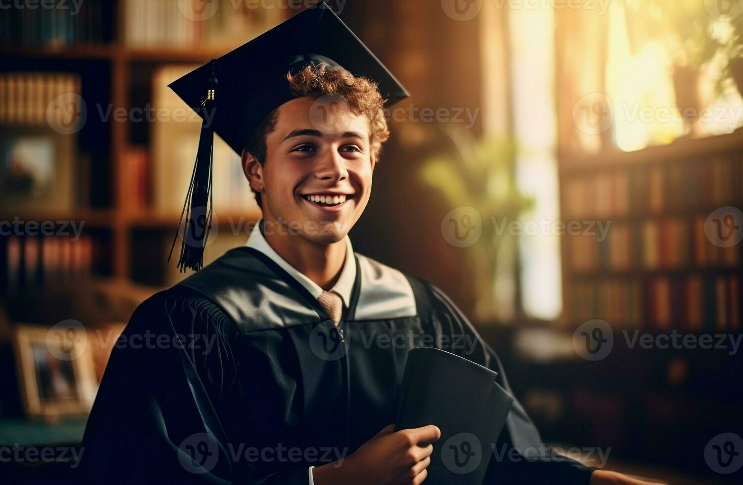 Happy smiling student in robe with diploma. Generate Ai photo