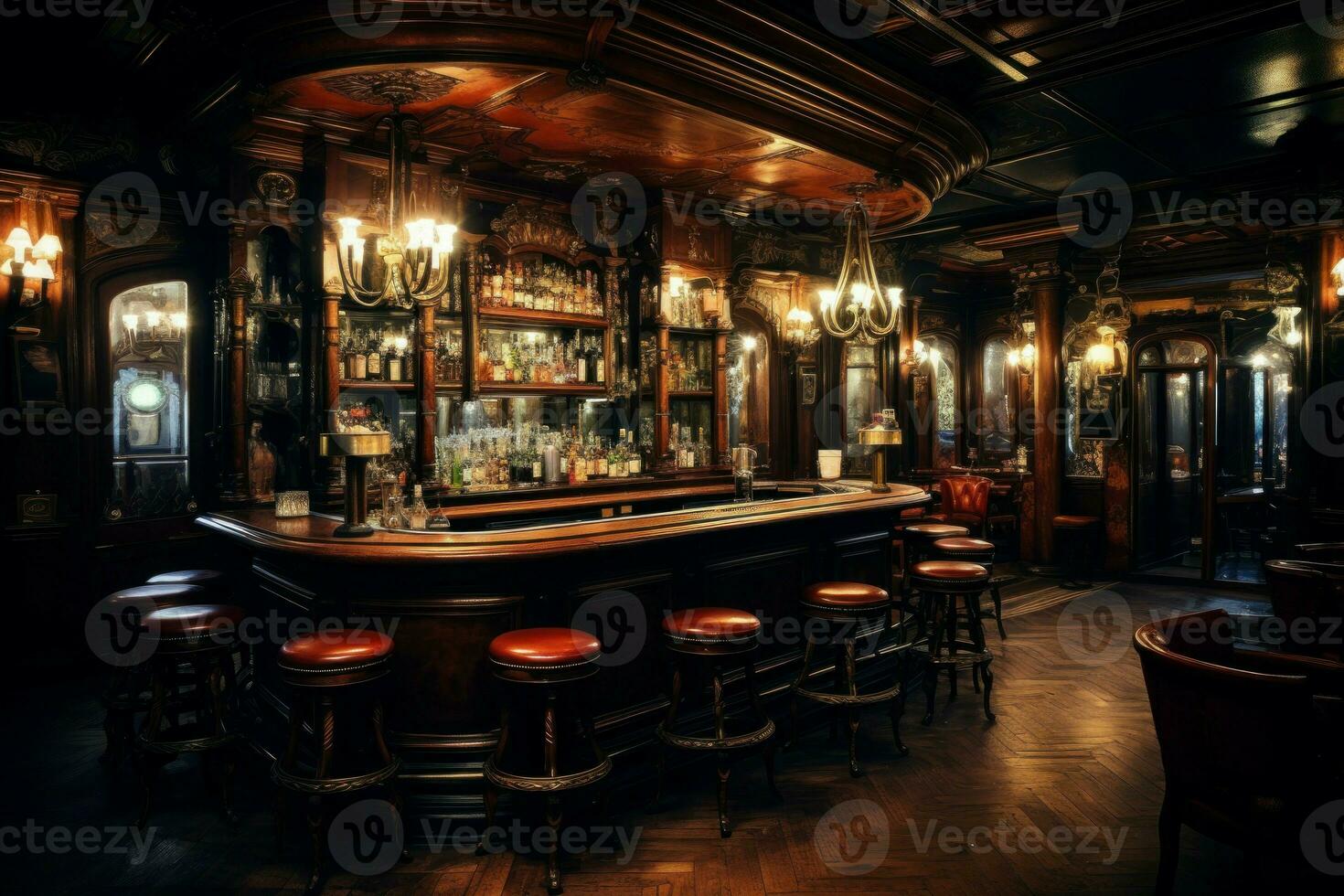 Dimly-lit Bar interior vintage loft. Generate Ai photo