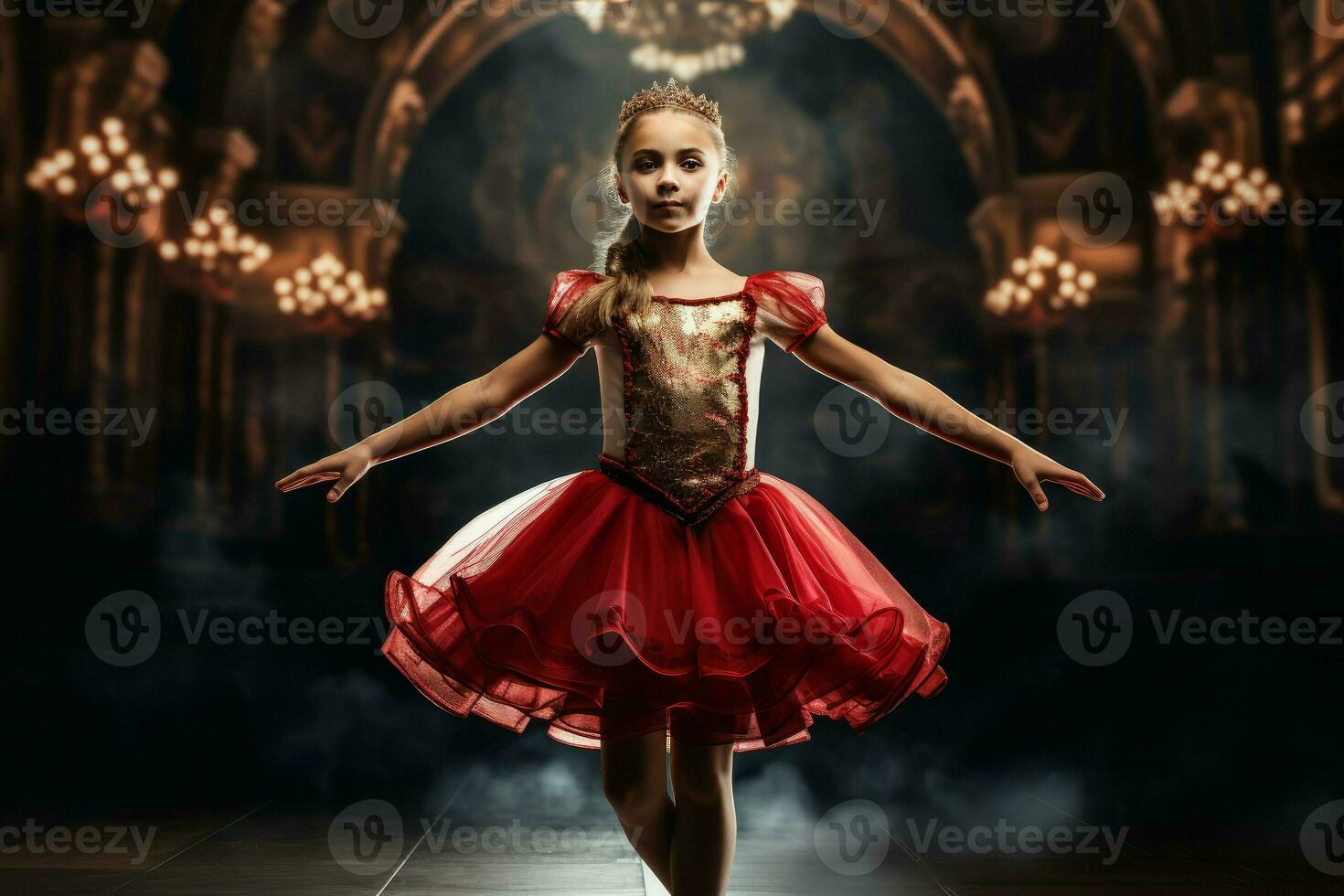 Petite Ballerina small girl theater stage. Generate Ai photo