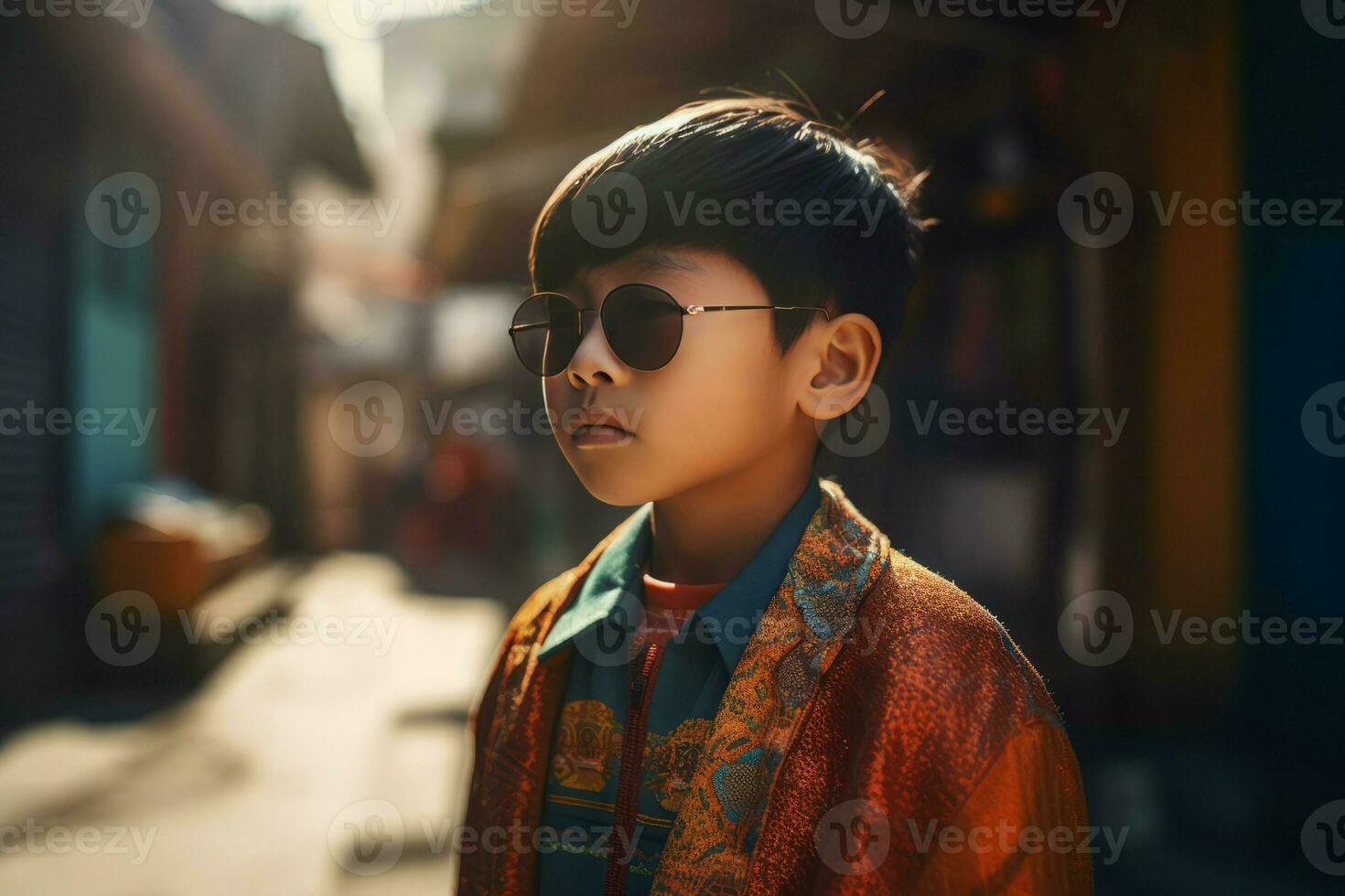 Chinese little boy wearing sunglasses. Generate ai photo