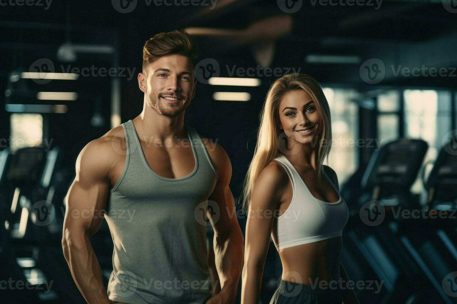 Young trainer and woman smiling engaged in gym. Generate Ai photo