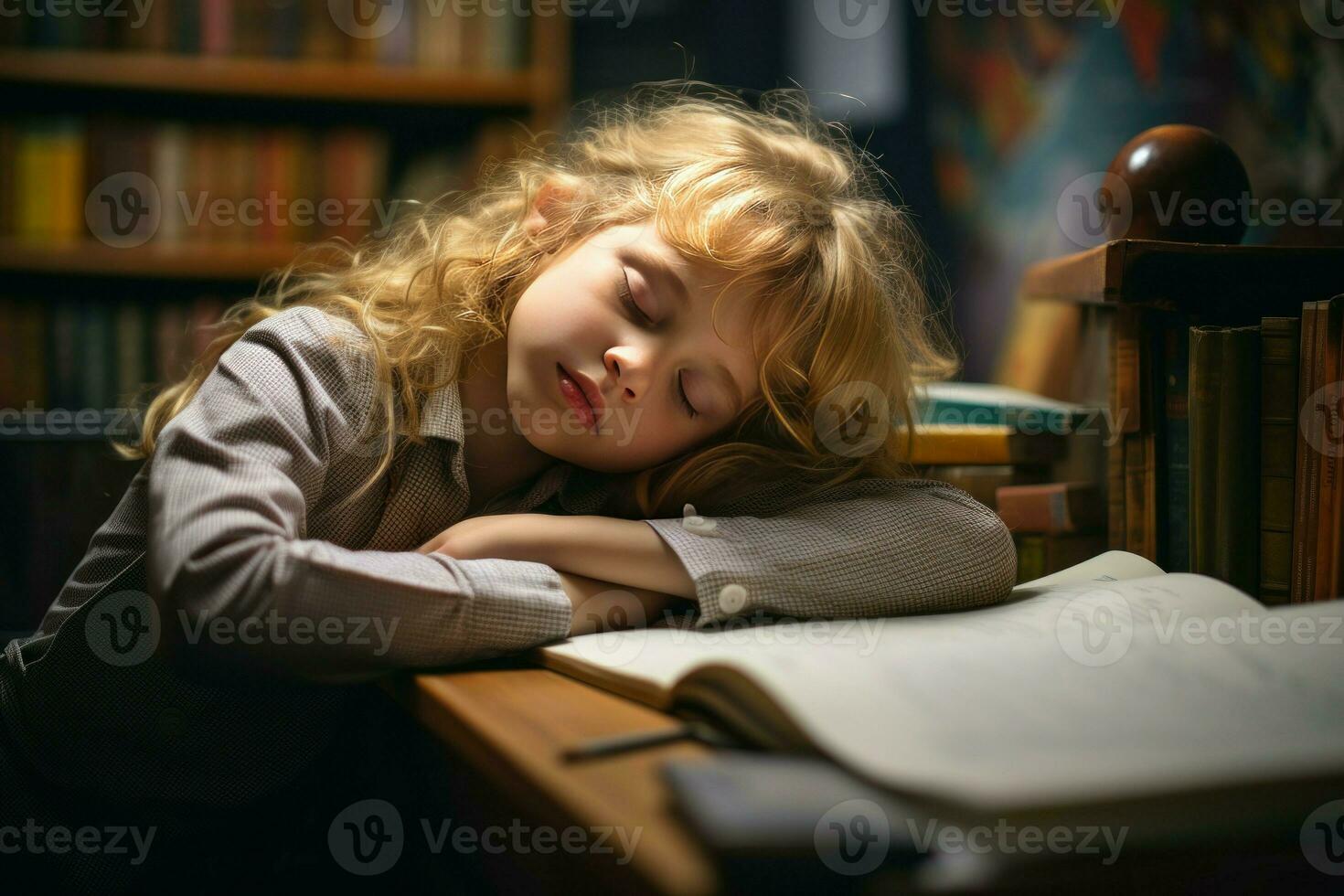 Sleeping little girl tired of doing homework learning. Generate Ai photo