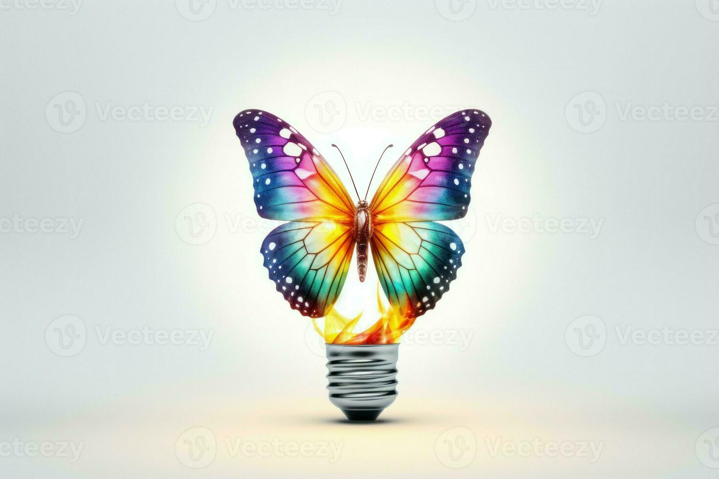 Colorful butterfly sitting on light bulb abstract power. Generate Ai photo