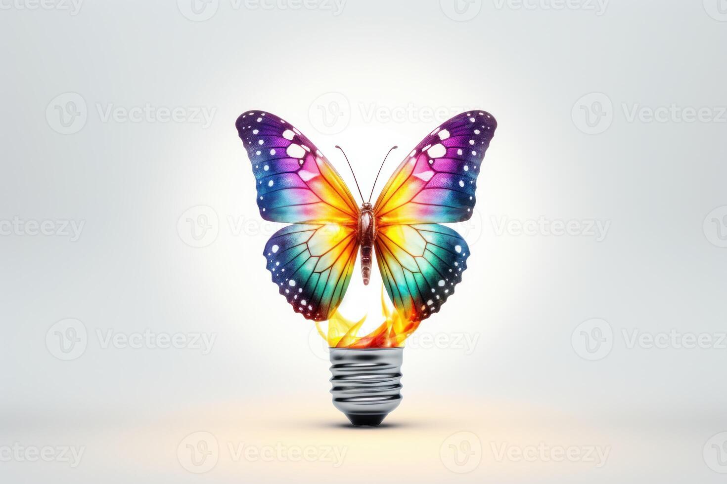 Colorful butterfly sitting on light bulb abstract power. Generate Ai photo