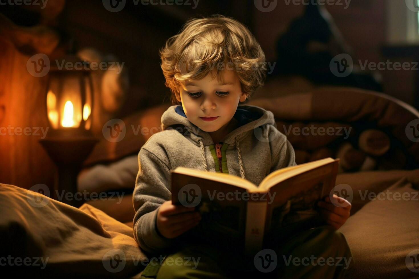 Cute little boy reading book at home before dreaming. Generate ai photo