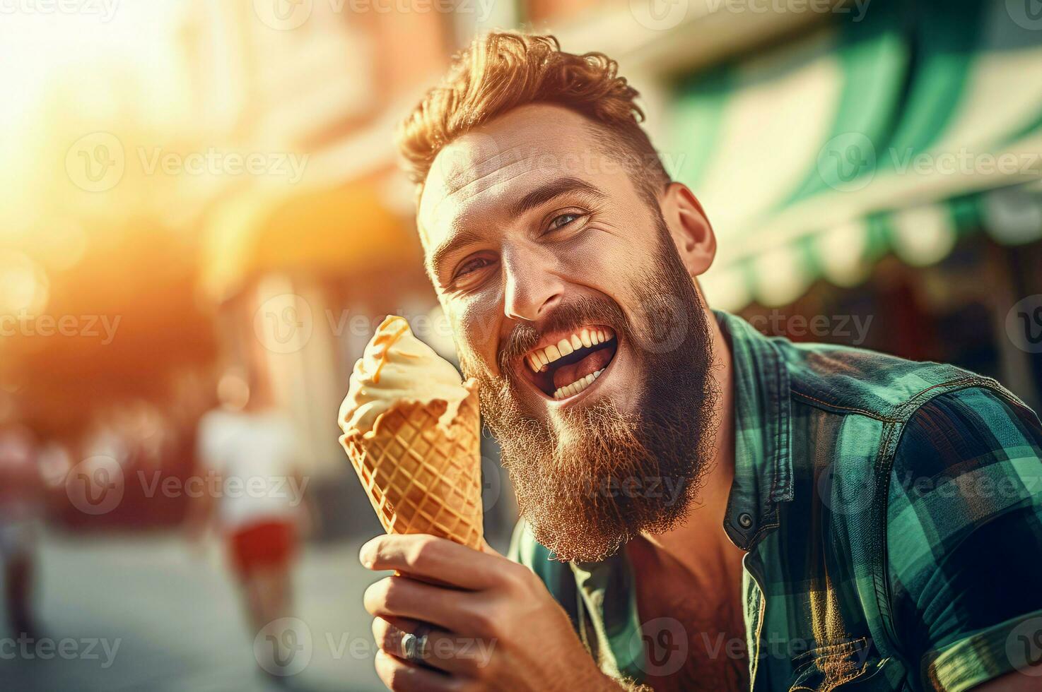 Encantado barbado hombre con hielo crema. generar ai foto