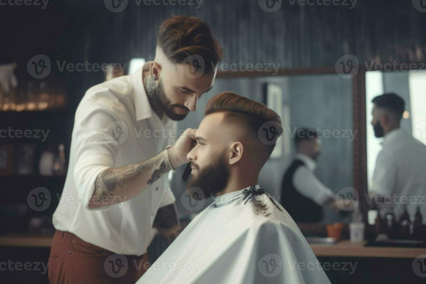 Barbero dando Corte de pelo en salón. generar ai foto