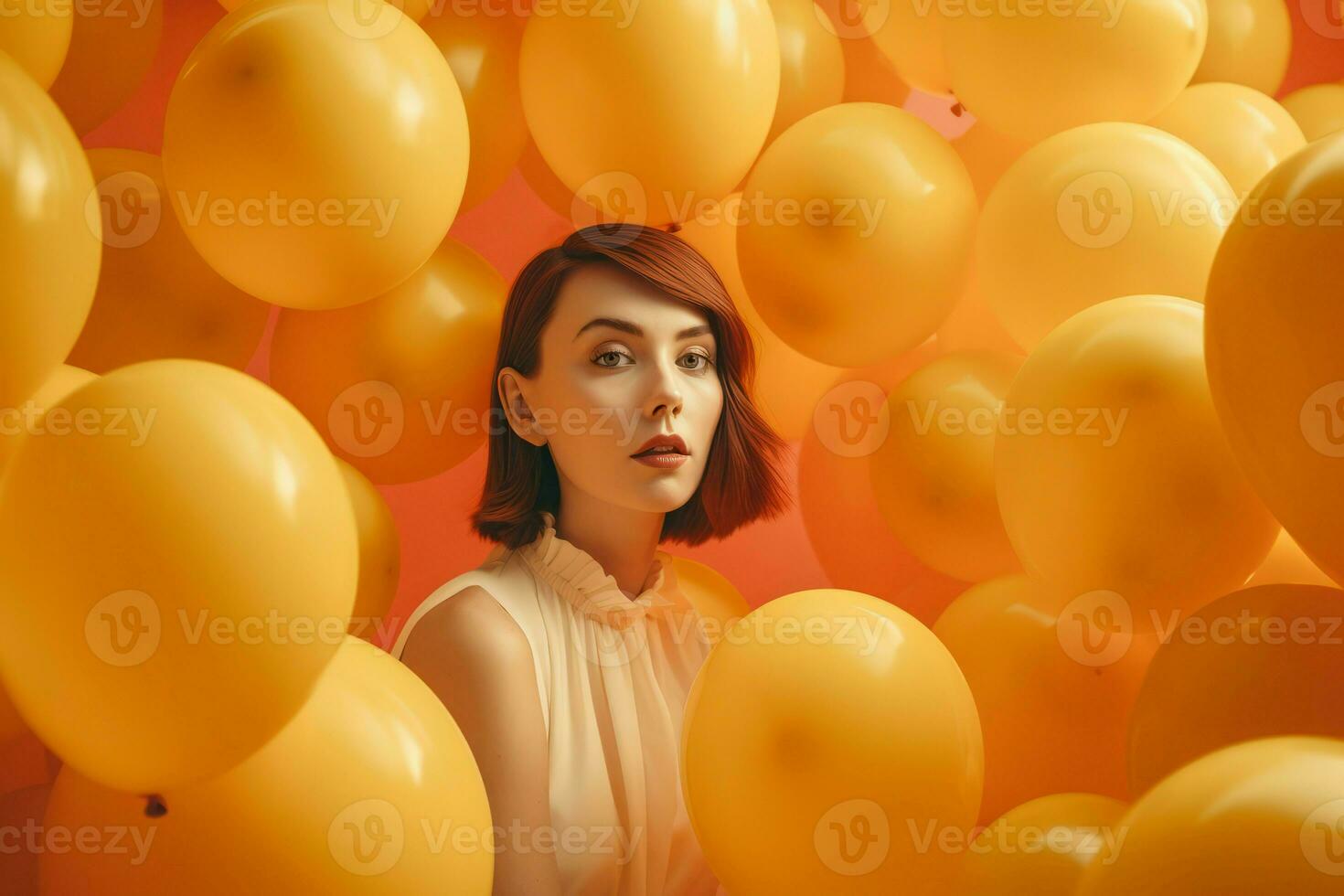 Woman surrounded balloons. Generate ai photo