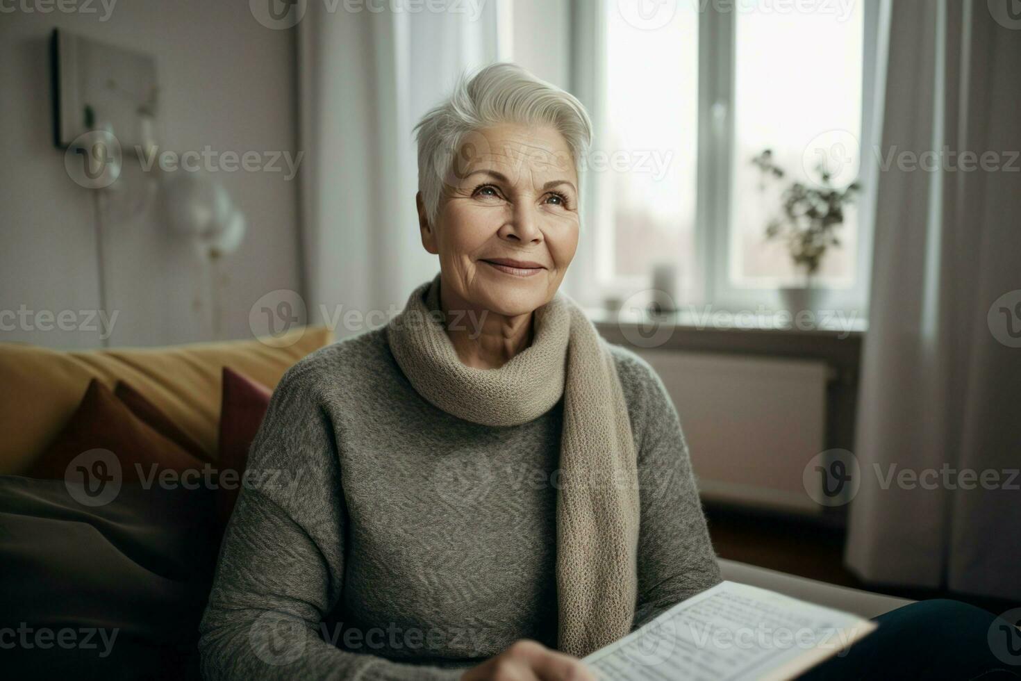 Portrait of mature charming woman at home. Generate ai photo