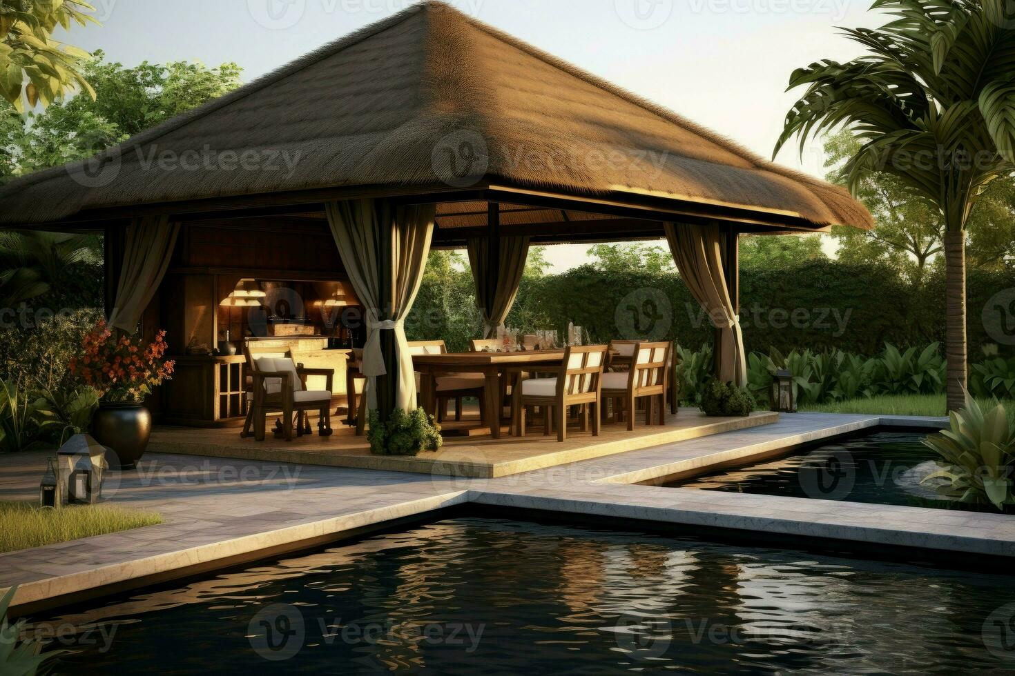 Gazebo swimming pool bbq. Generate Ai photo