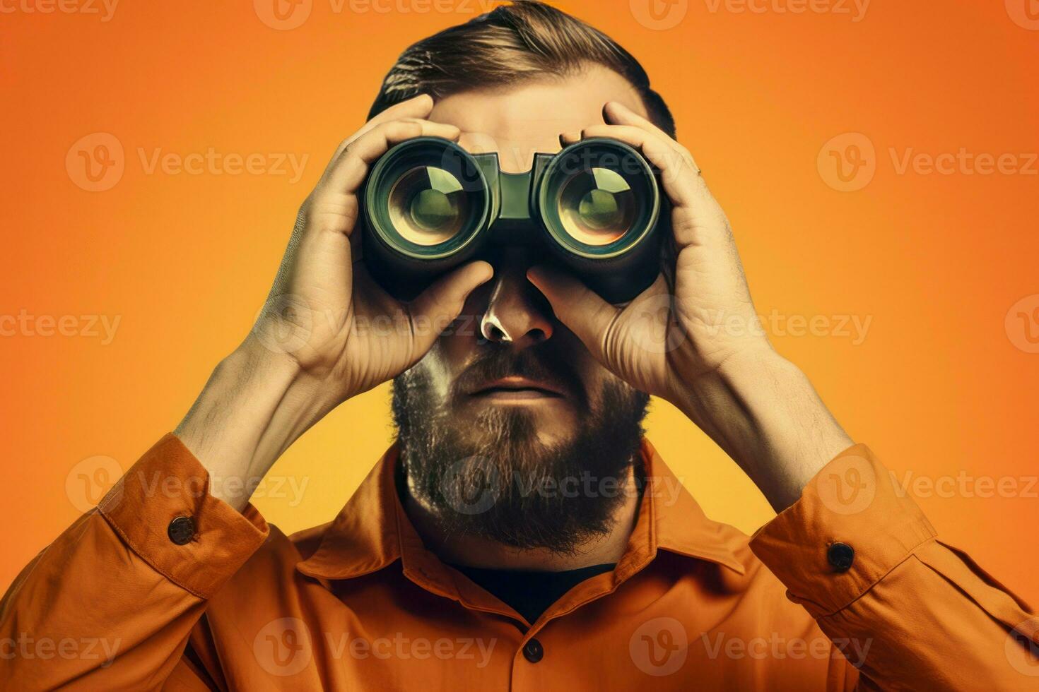 Man carefully look binoculars on orange background. Generate Ai photo