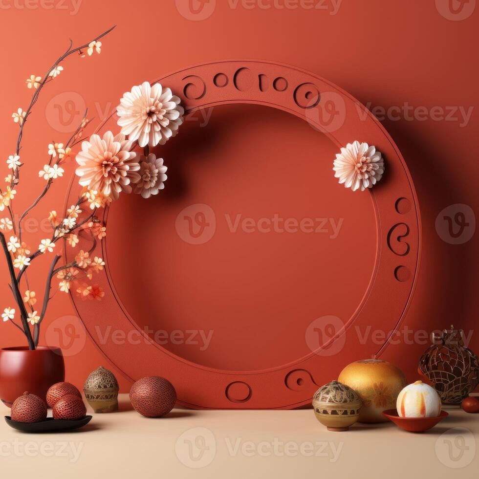 Elaborate Chinese new year red background. Generate Ai photo