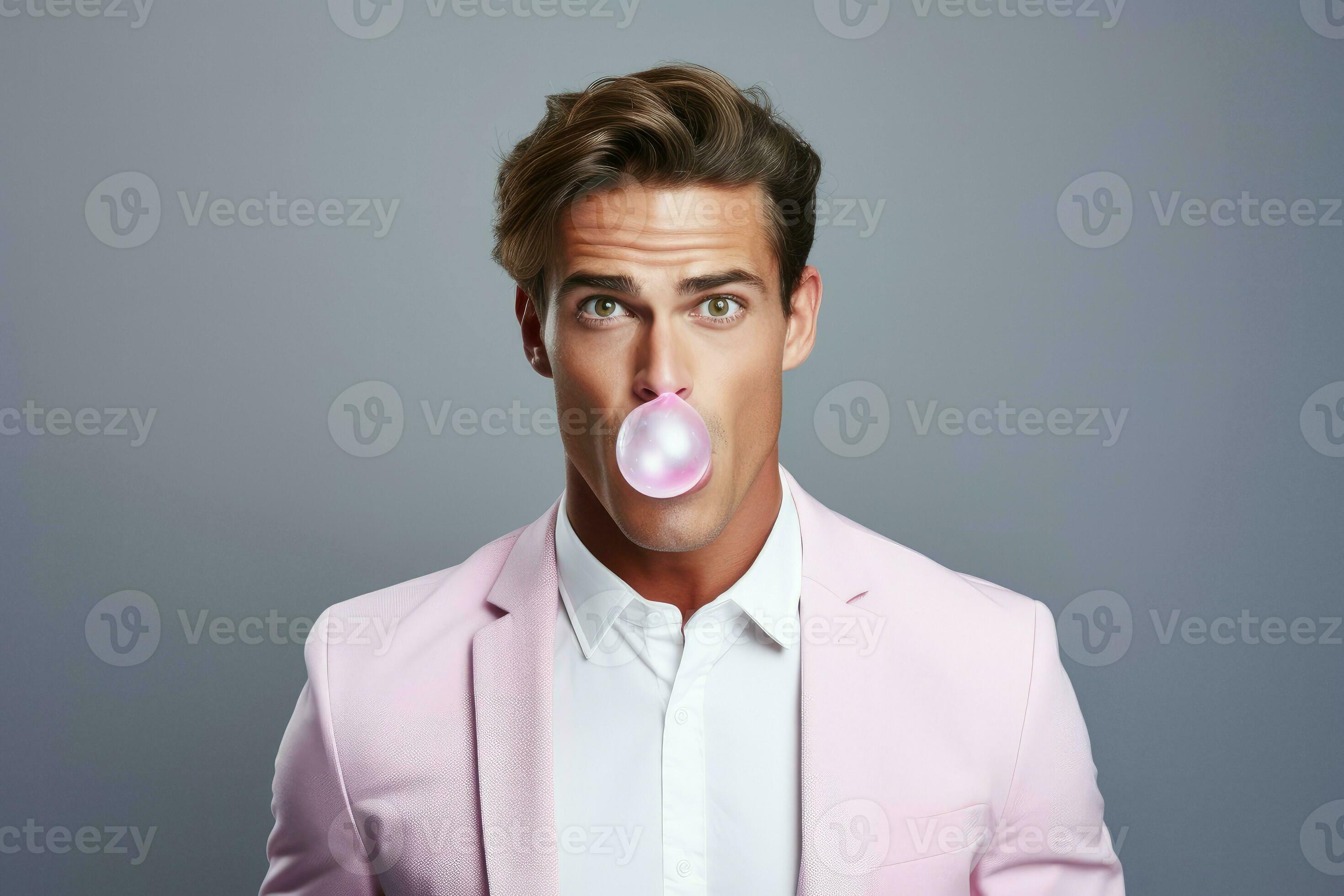 Handsome man with chewing bubble gum on grey. Generate Ai 33120128