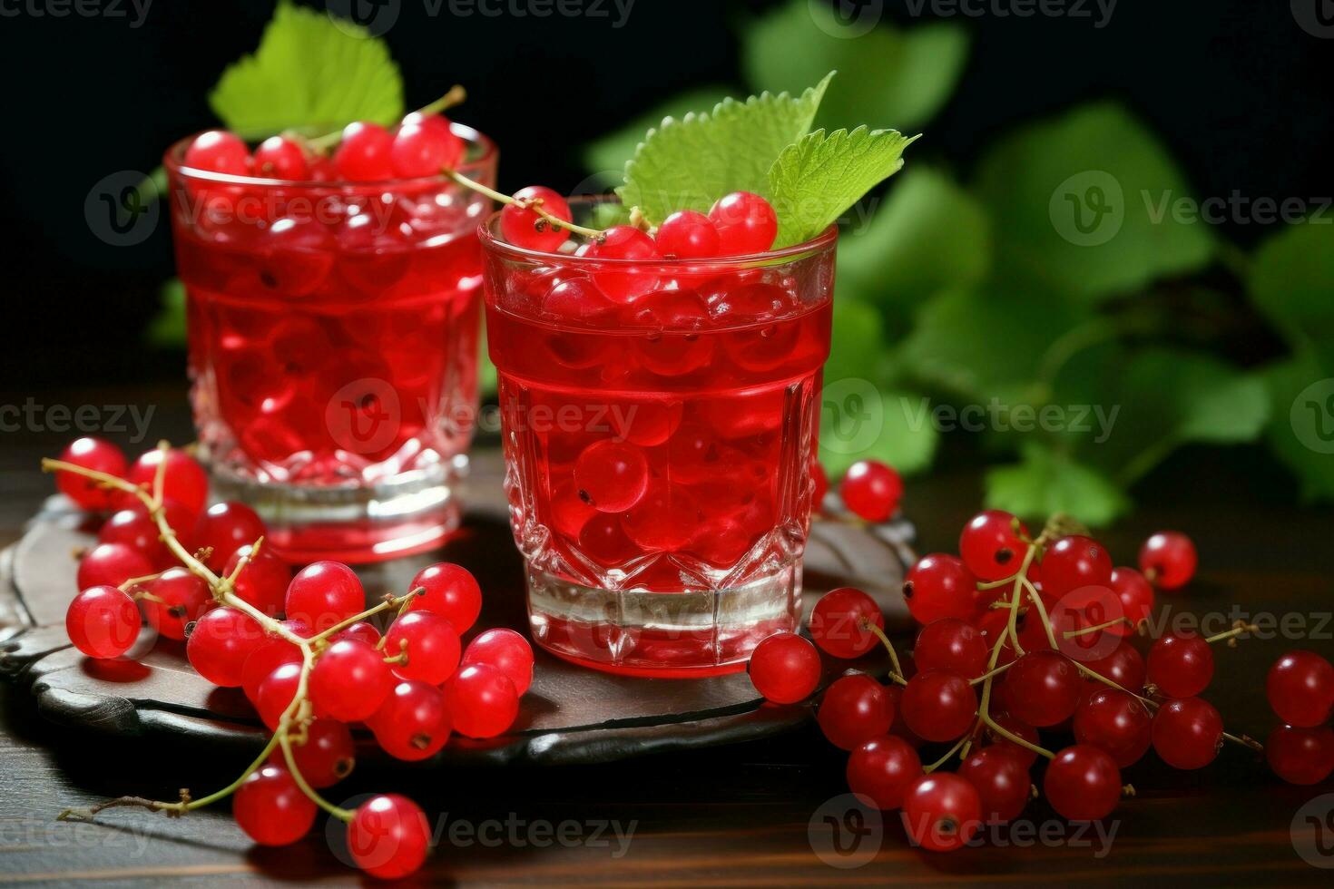 Fresh red currants in glasses on rustic table. Generate Ai photo