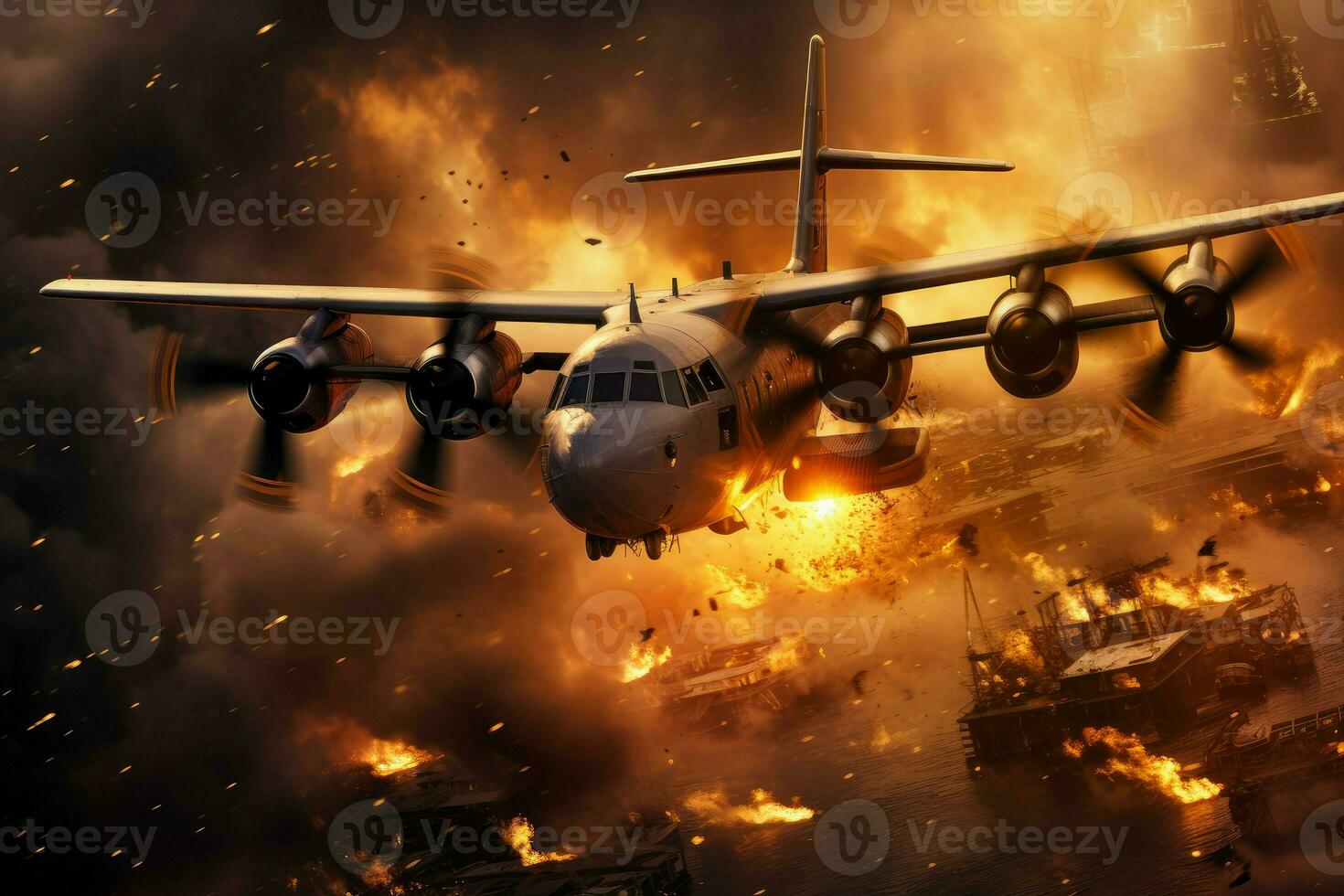 Military plane flying splashes fire. Generate Ai photo