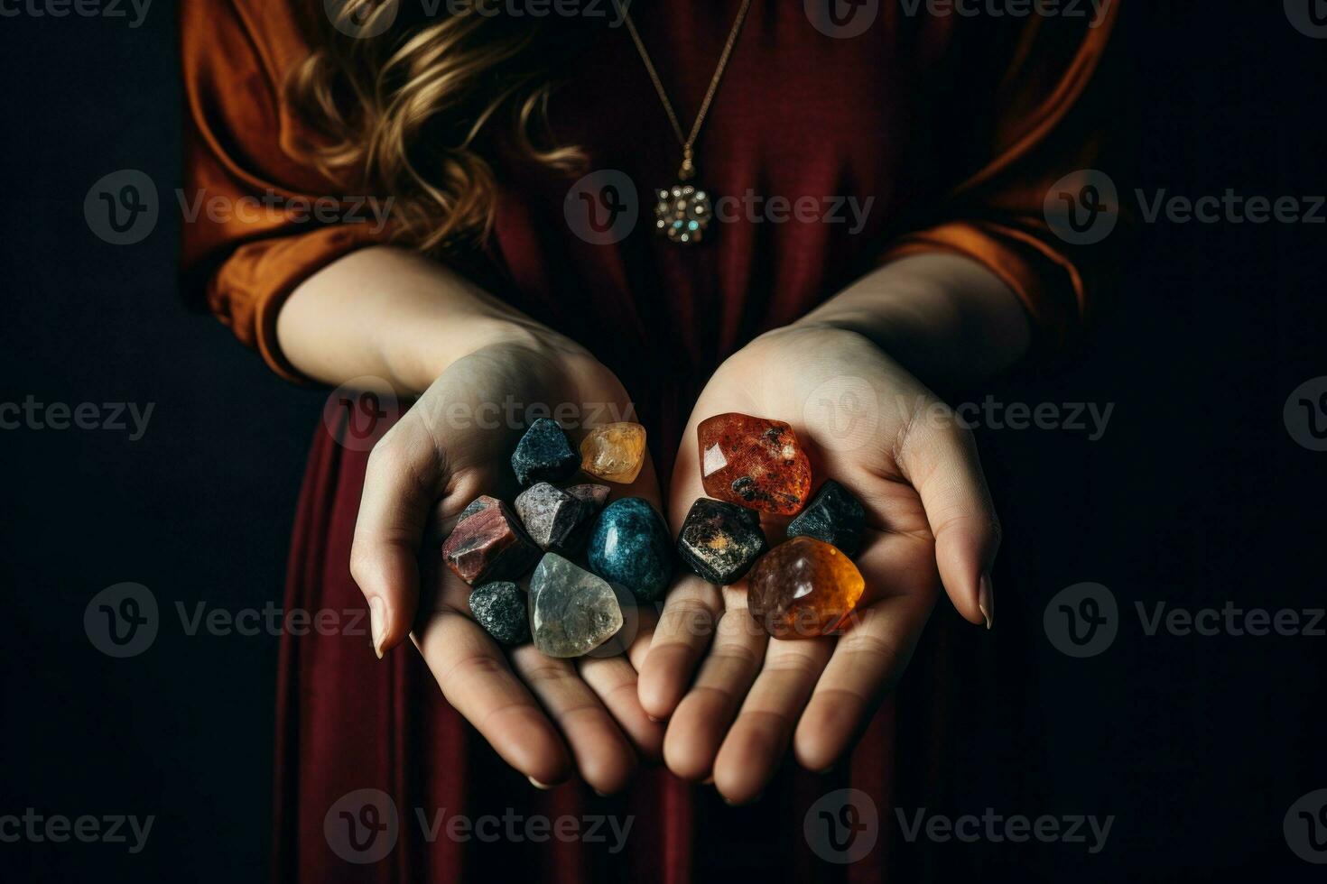 Woman holding semiprecious stones in skin hands. Generate Ai photo