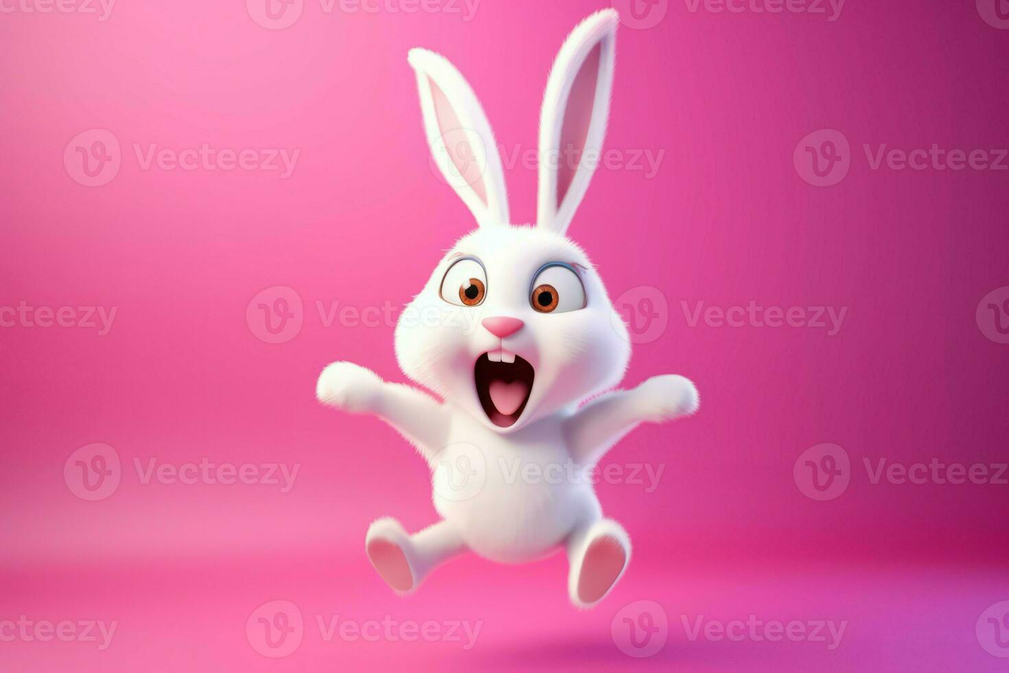 Cute jumping cartoon bunny on pink background. Generate ai photo