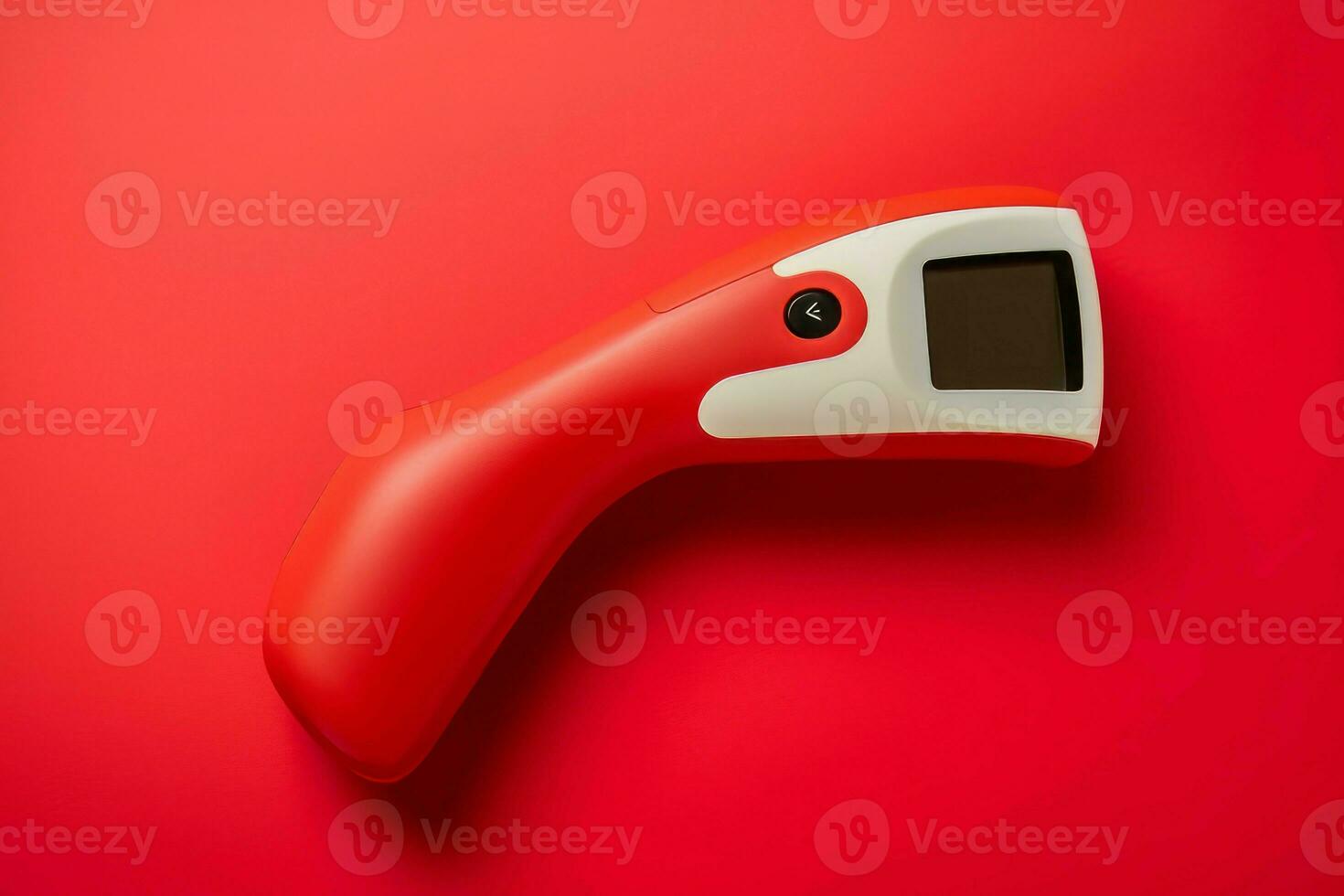 Modern non contact infrared thermometer on red background. Generate Ai photo