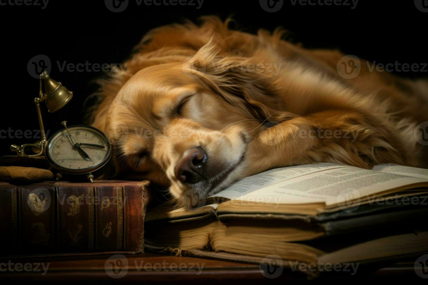 Dreamy Dog asleep reading. Generate Ai photo