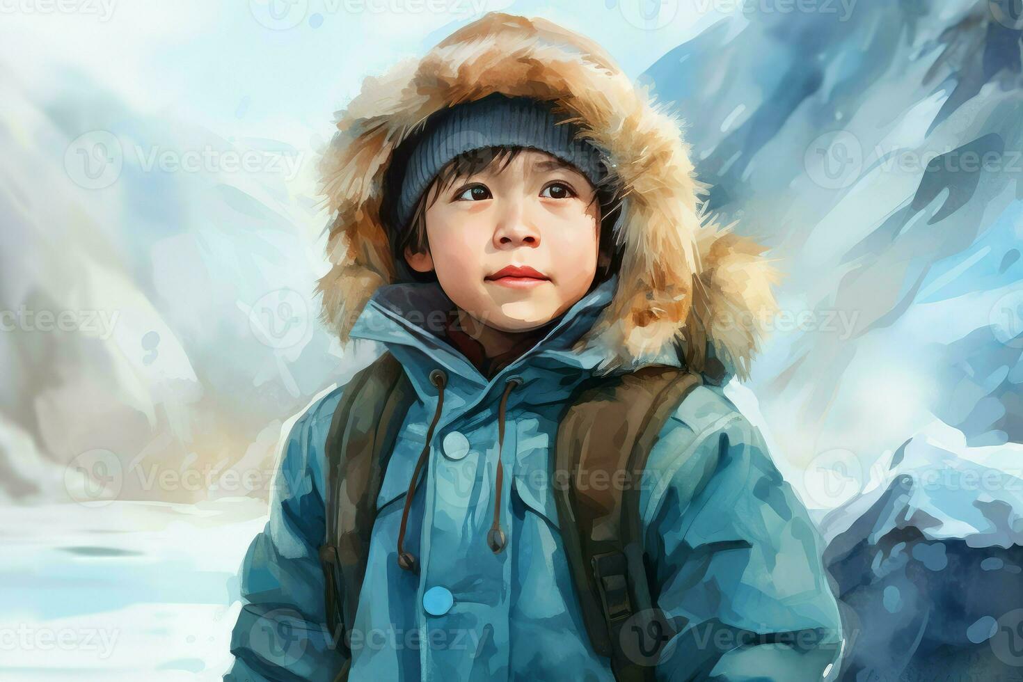 Jubilant Child boy in warm winter clothes at village. Generate AI photo