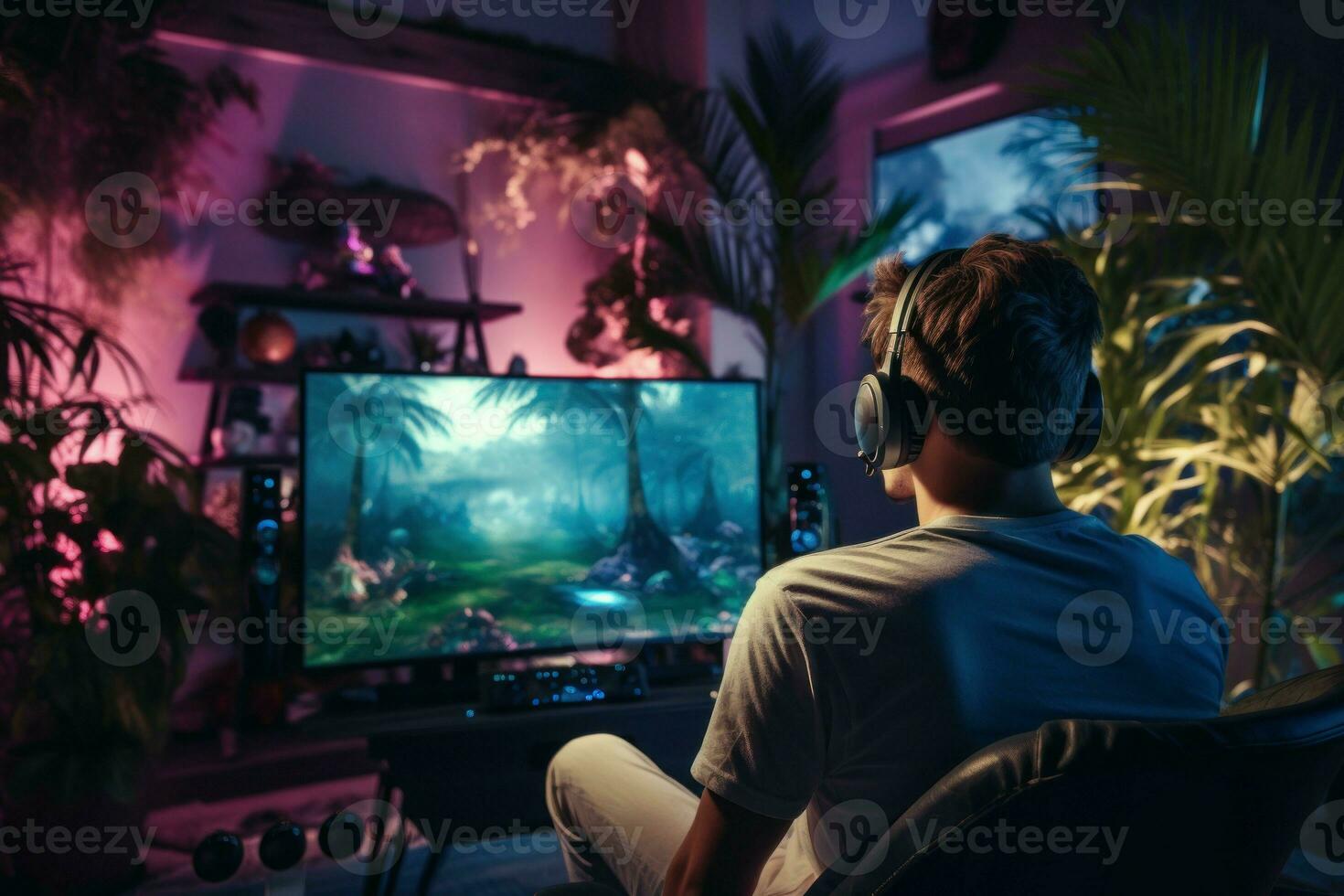 joven hombre jugando vídeo juegos a hogar ligero habitación. generar ai foto