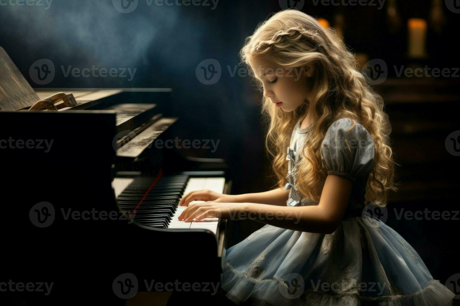 Concentrated Girl plays piano in light. Generate Ai photo