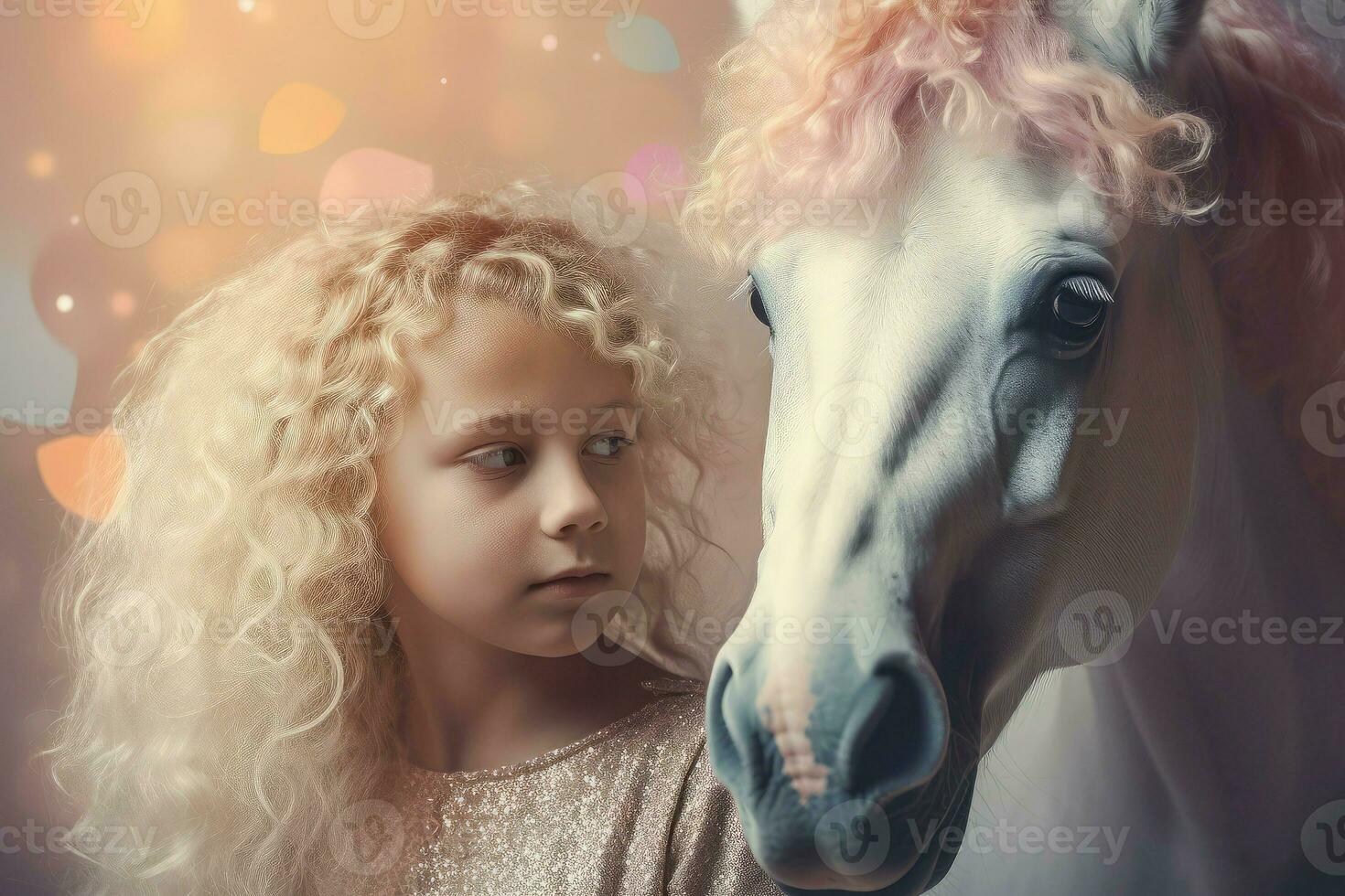 Magic curly pink unicorn with little girl. Generate ai photo