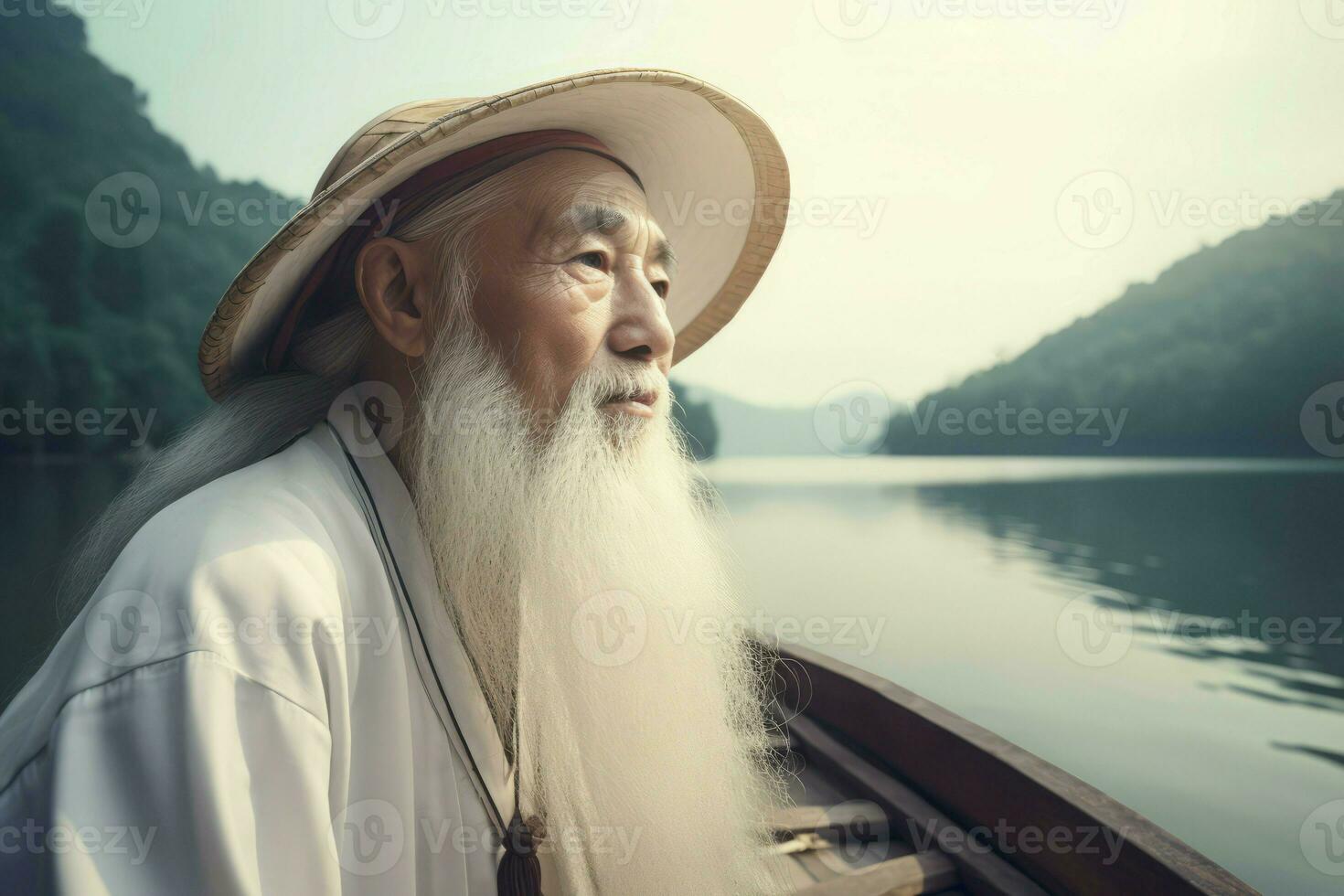 Chinese man with long white beard. Generate ai photo