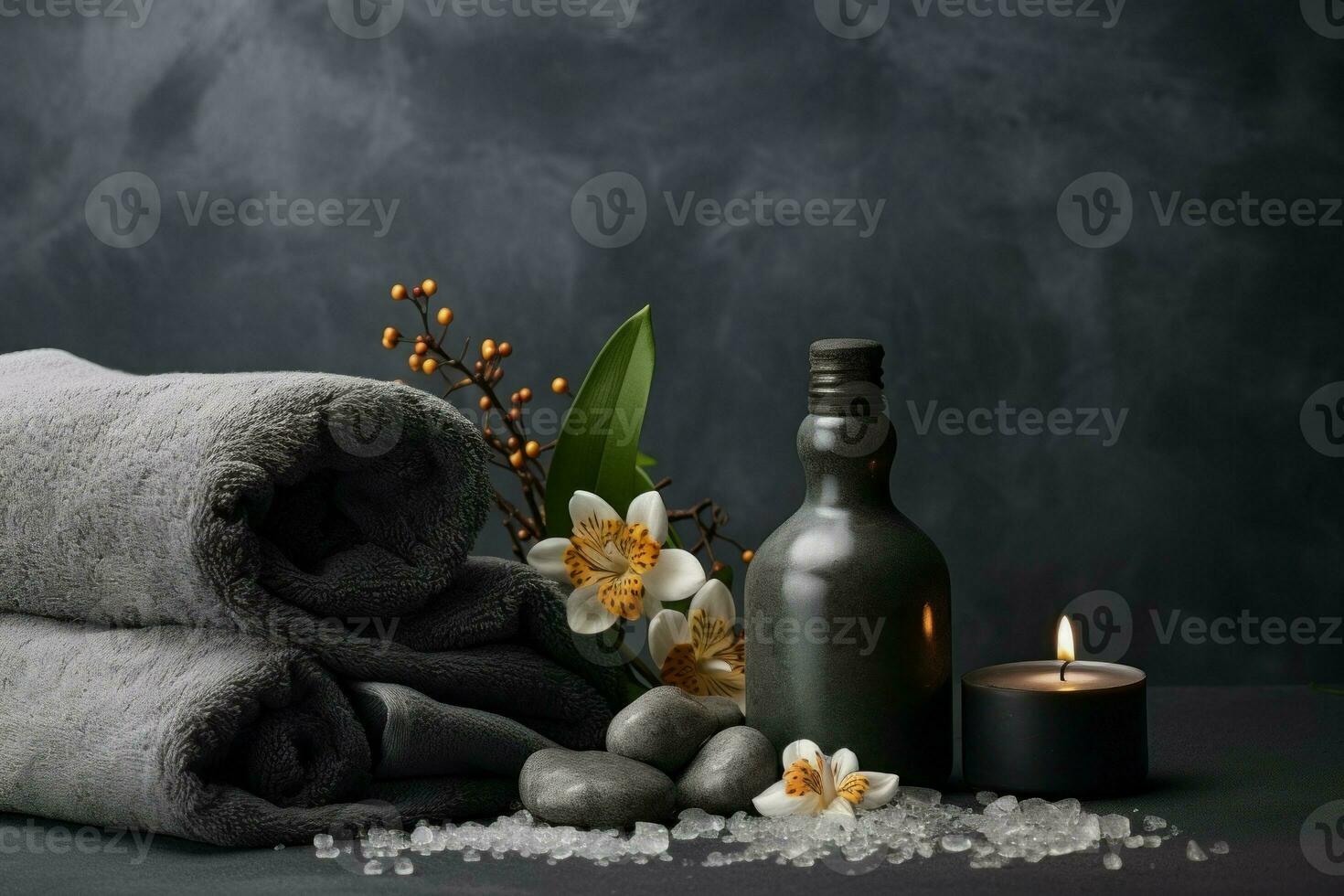 Composition with flowers of spa treatment on grey wall. Generate Ai photo