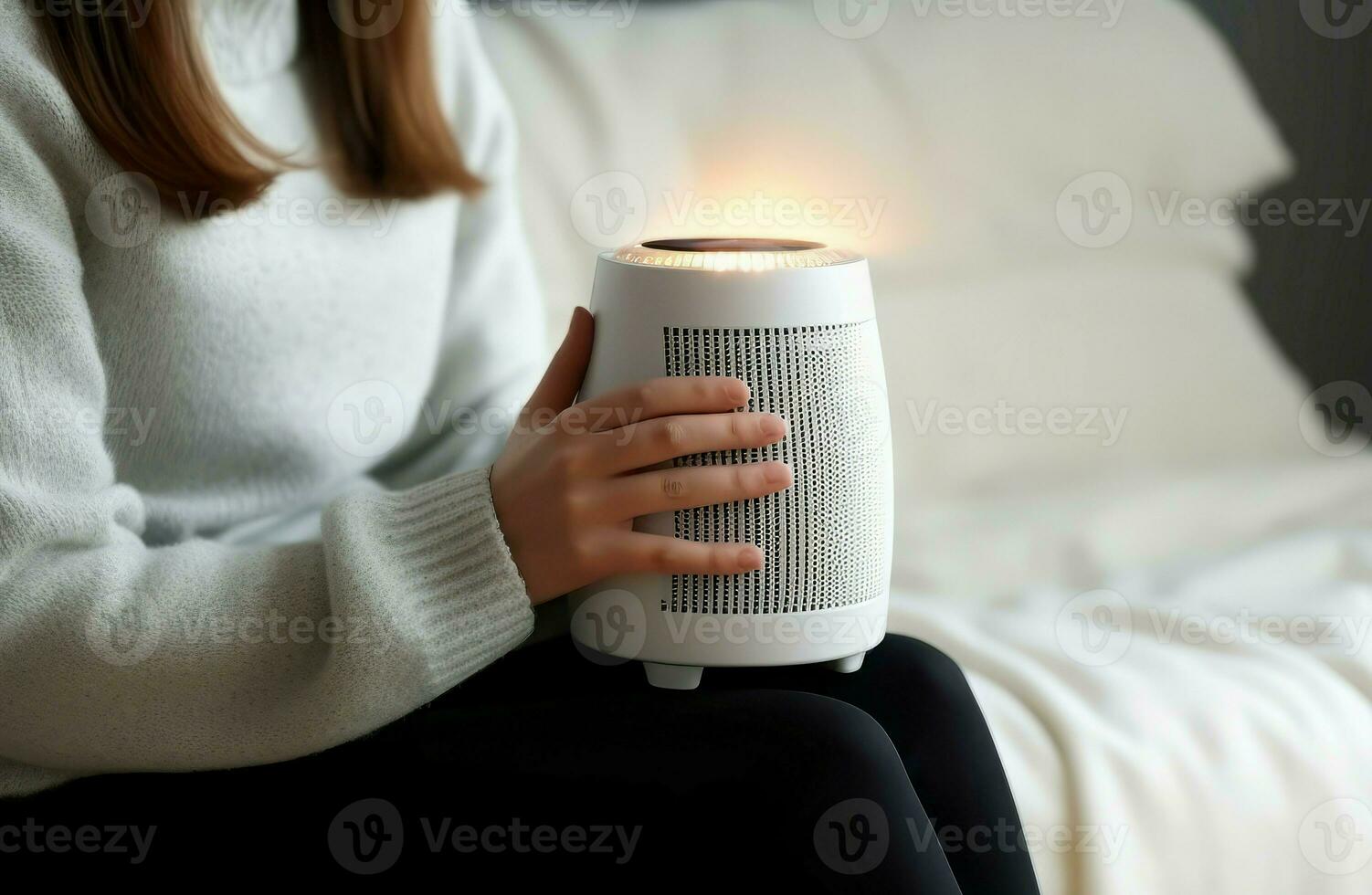 Woman warming hands near heater. Generate Ai photo