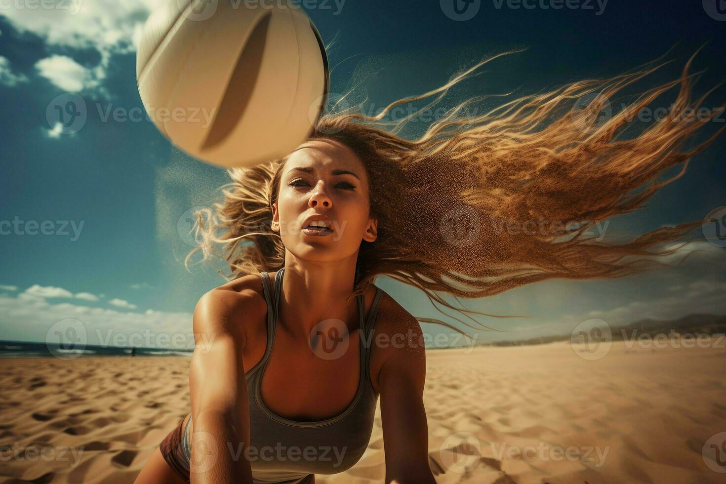 mujer en un otoño golpes vóleibol en el arena. generar ai foto