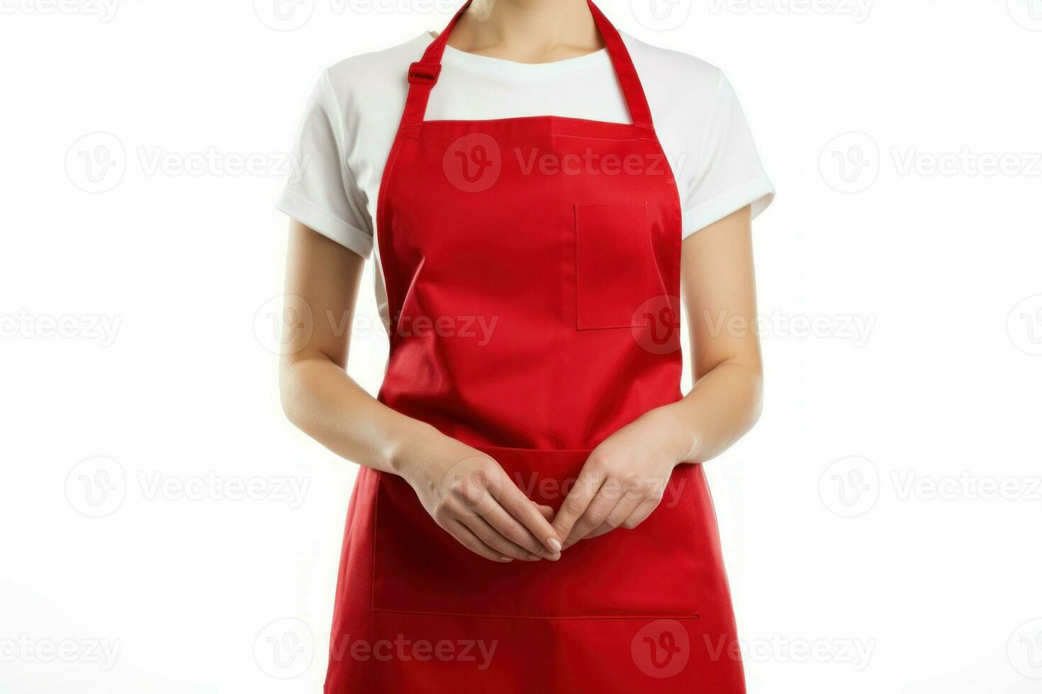 Young woman wearing kitchen red textile apron. Generate Ai photo