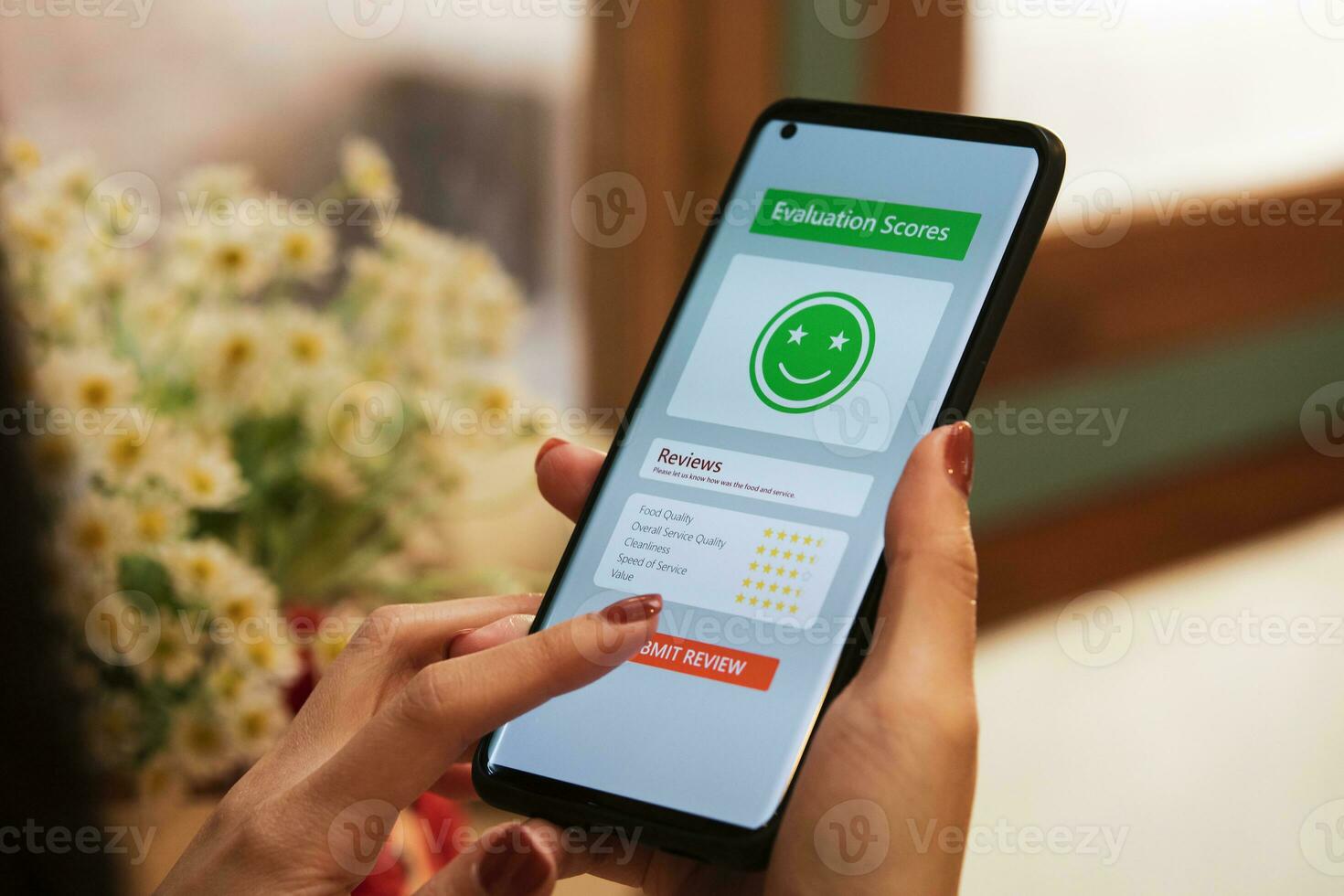 Customers choose emoticons rating to service on online application. concept of customer satisfaction surveys, reviews of store products to evaluate the quality leading to business reputation ranking. photo