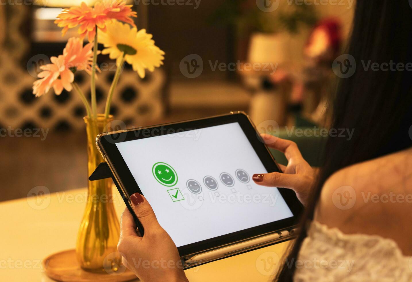 Customers choose emoticons rating to service on online application. concept of customer satisfaction surveys, reviews of store products to evaluate the quality leading to business reputation ranking. photo