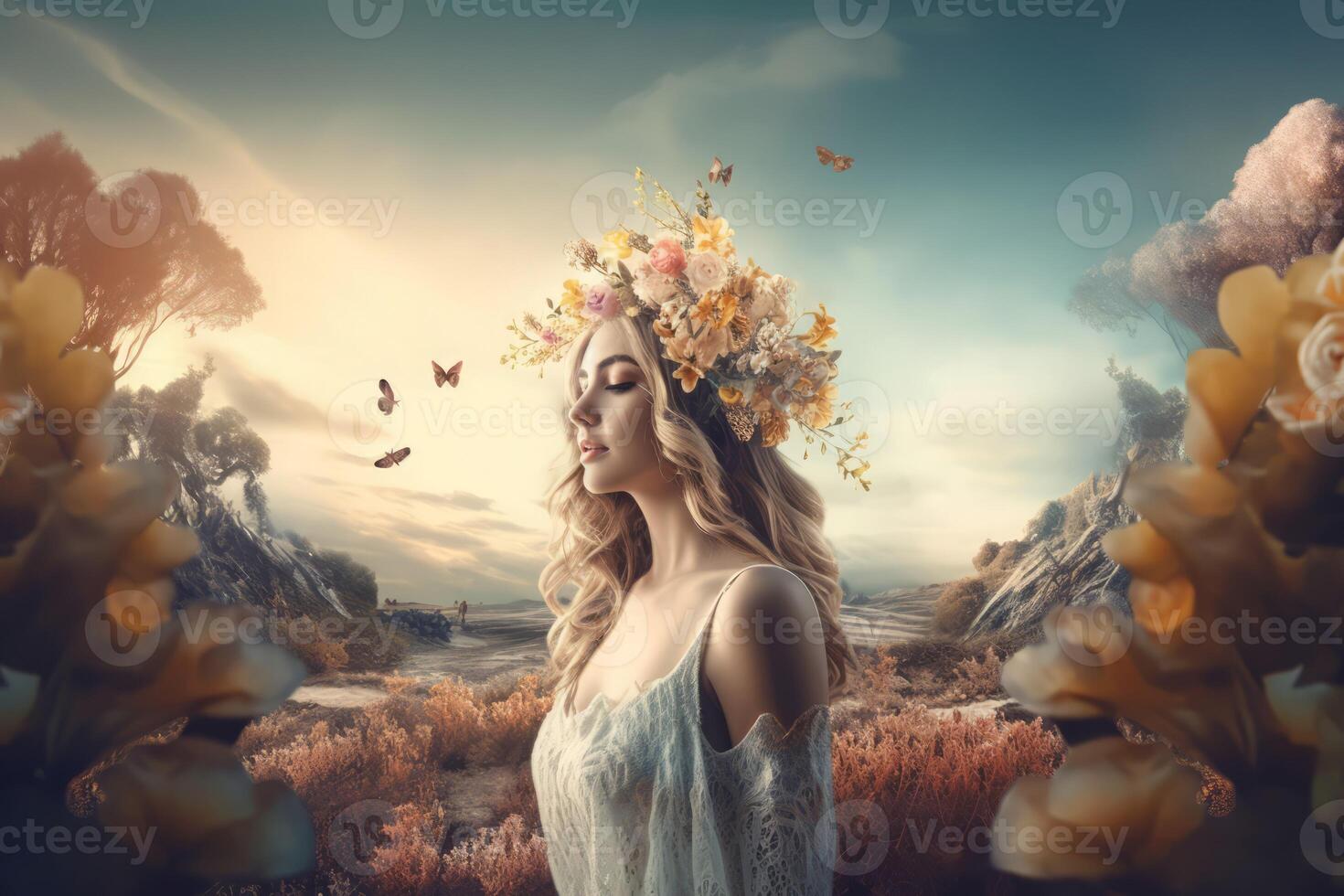 Fairytale girl on imaginative background. Generate ai photo