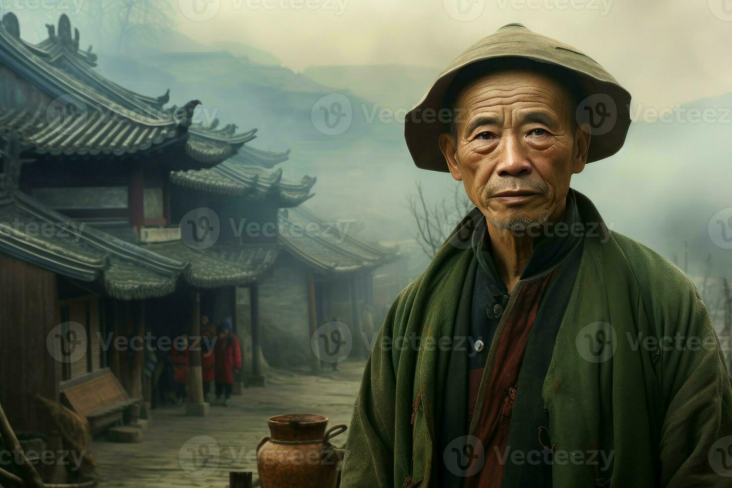 Cobblestone Chinese village person street. Generate Ai photo