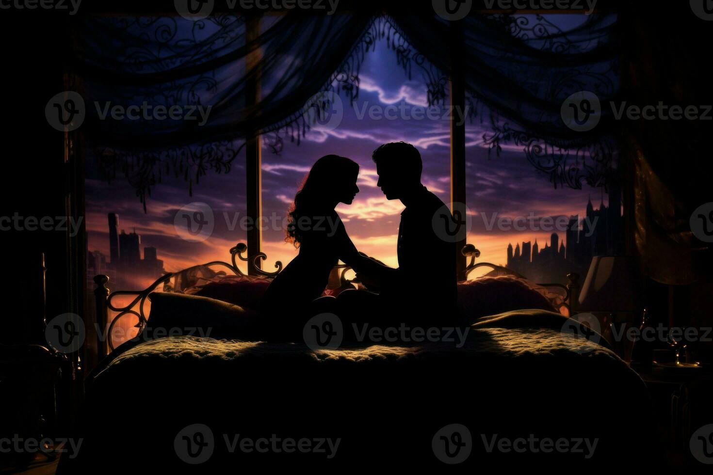 Silhouette of couple in bed at night time relationship. Generate Ai photo