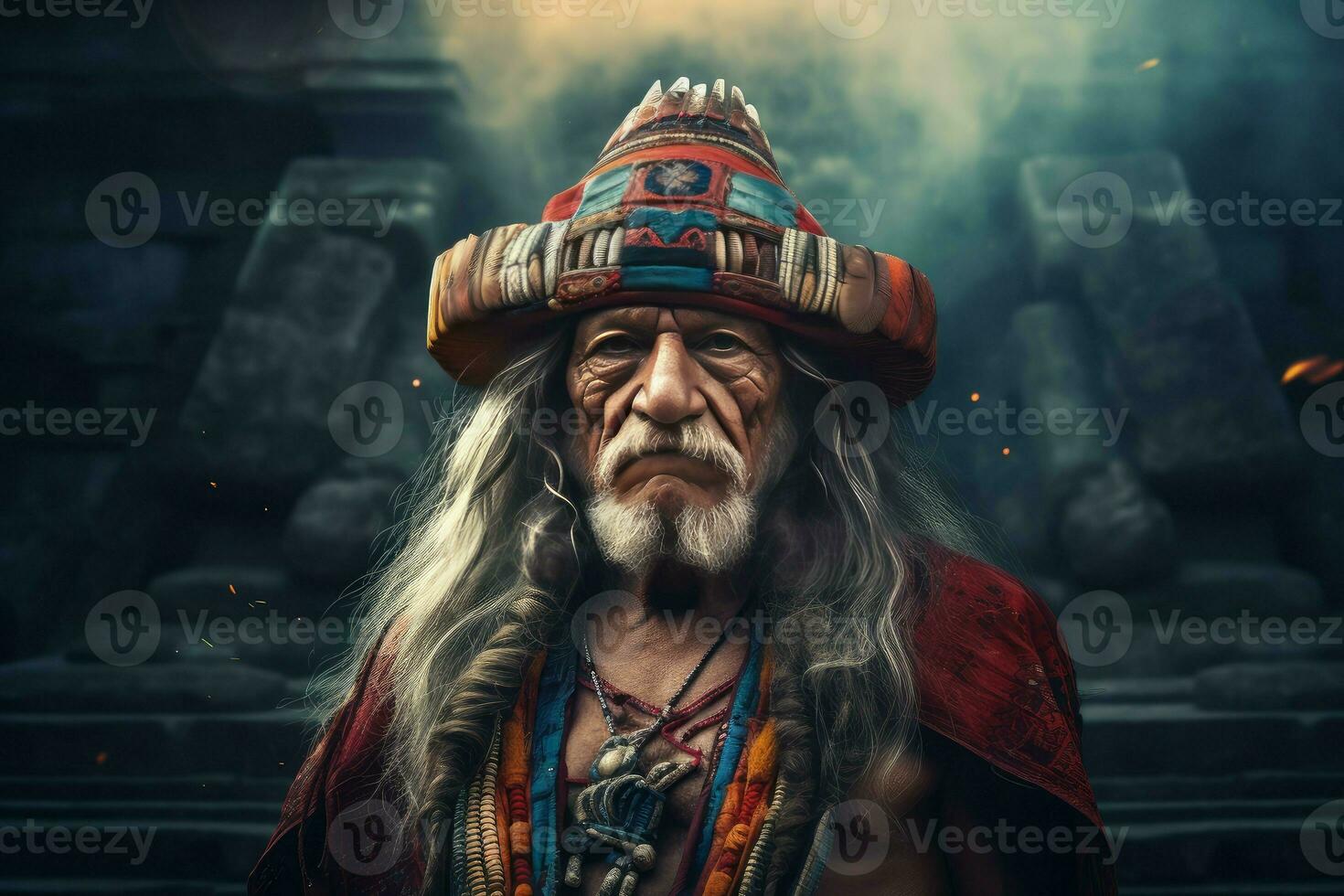 Intricate Aztec old man maya pyramid. Generate AI photo