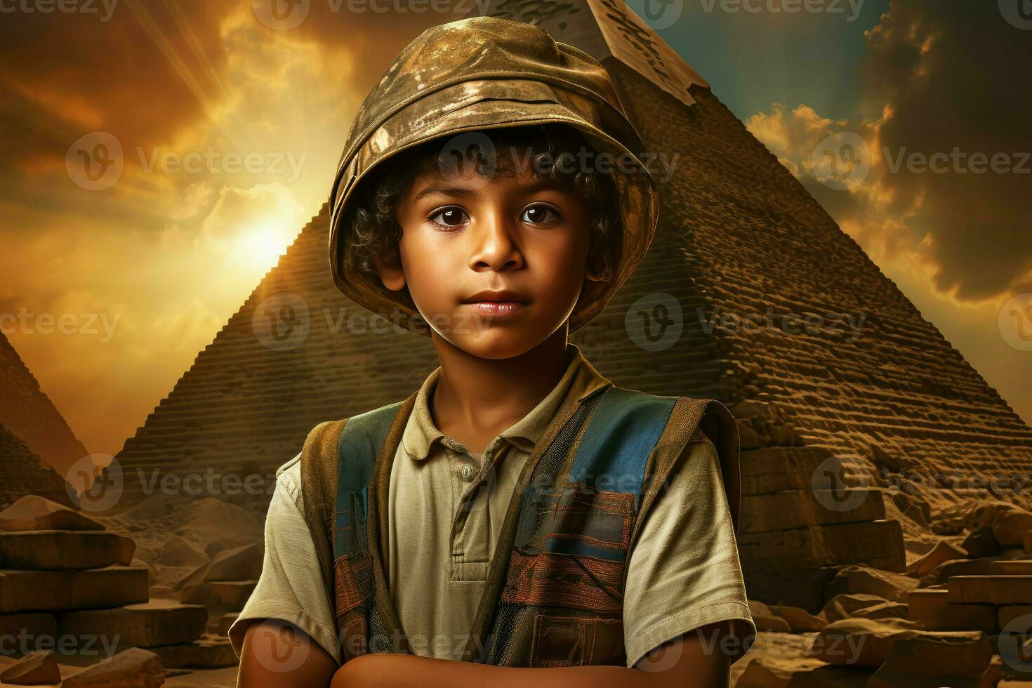 Enchanted Ancient egyptian pyramid child boy. Generate Ai photo