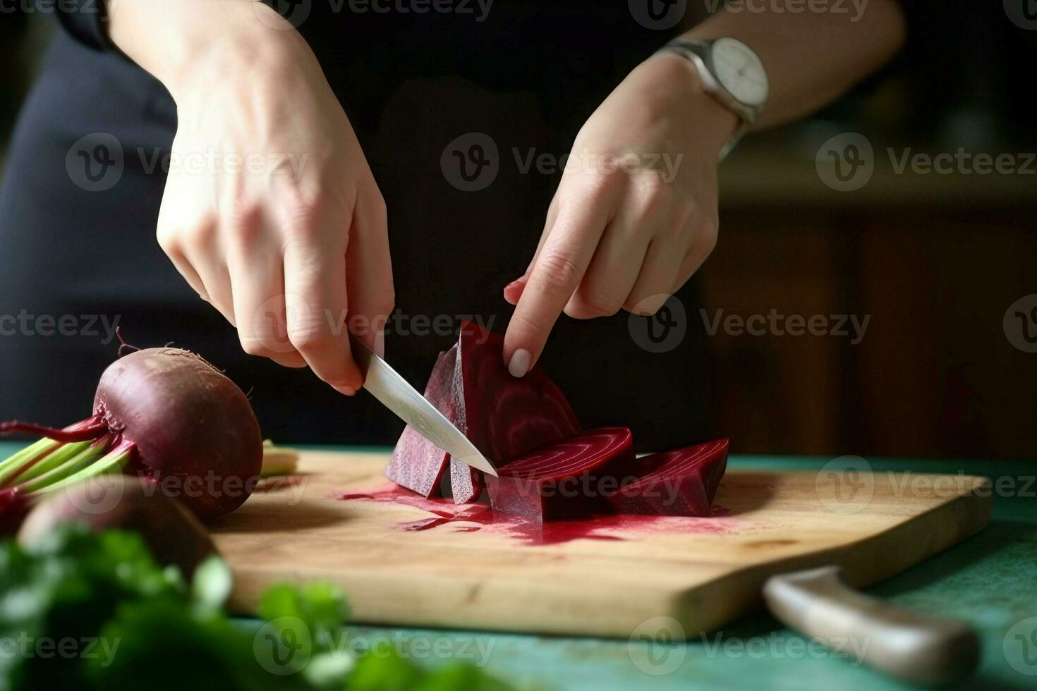 Woman cutting fresh red beet. Generate Ai photo